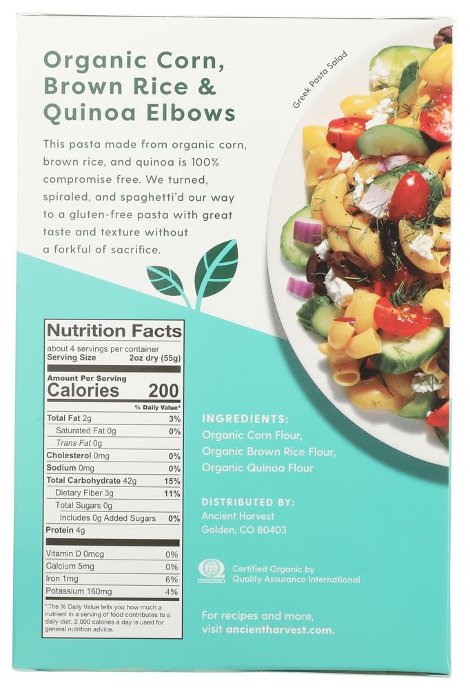 Organic Gluten-Free Quinoa Pasta Elbows by Ancient Harvest - 8 oz (Pack of 2) | High-Protein Supergrain Pasta for Vegan, Keto & Healthy Diets | Perfect for Salads, Soups & Gluten-Free Meals