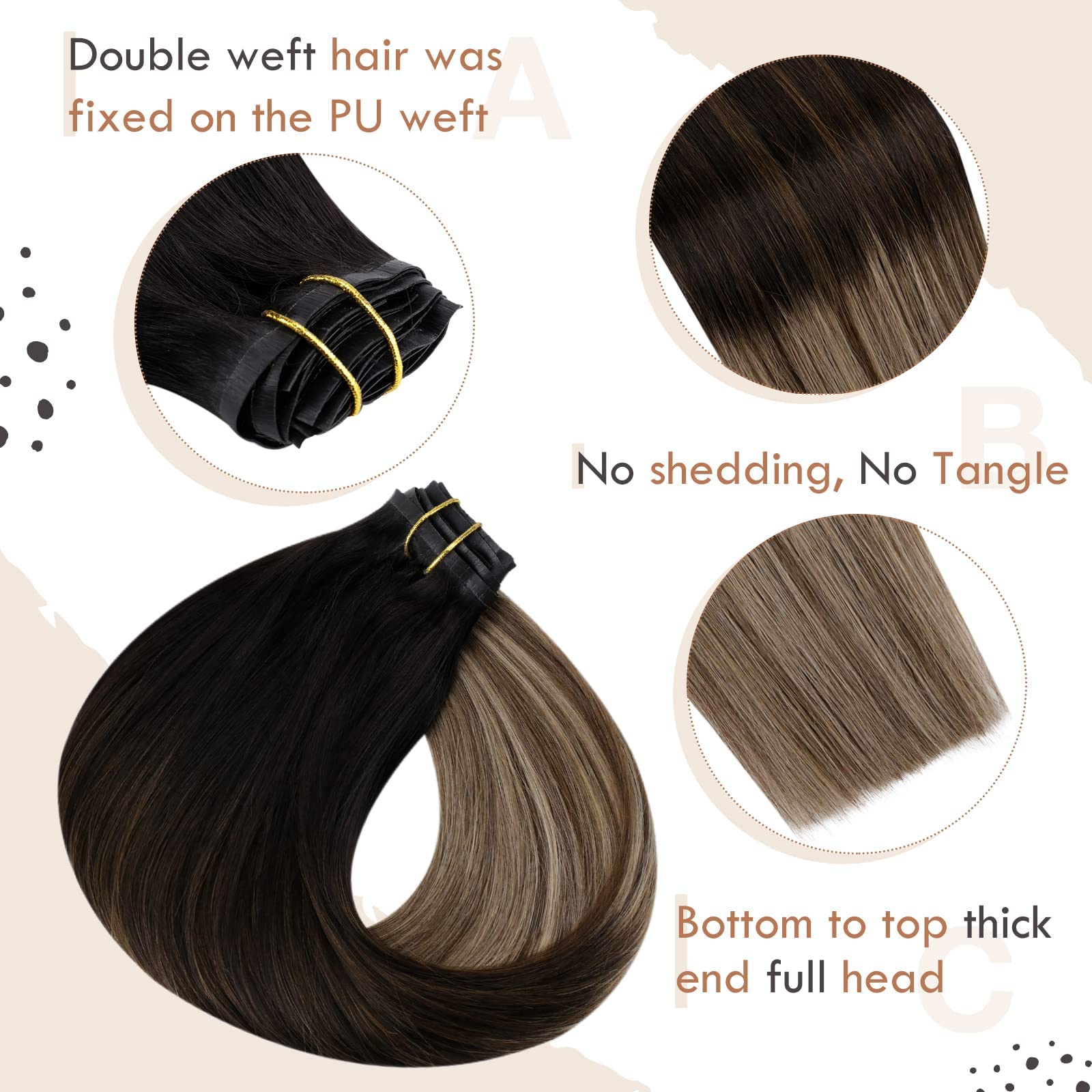 Vivien Clip-in Human Hair Extensions 22 Inch - Balayage Brown Ombre Long Straight Hair - 7pcs 135g Seamless Soft PU Weft for Natural Volume & Length | Perfect for Parties, Weddings & Daily Styling