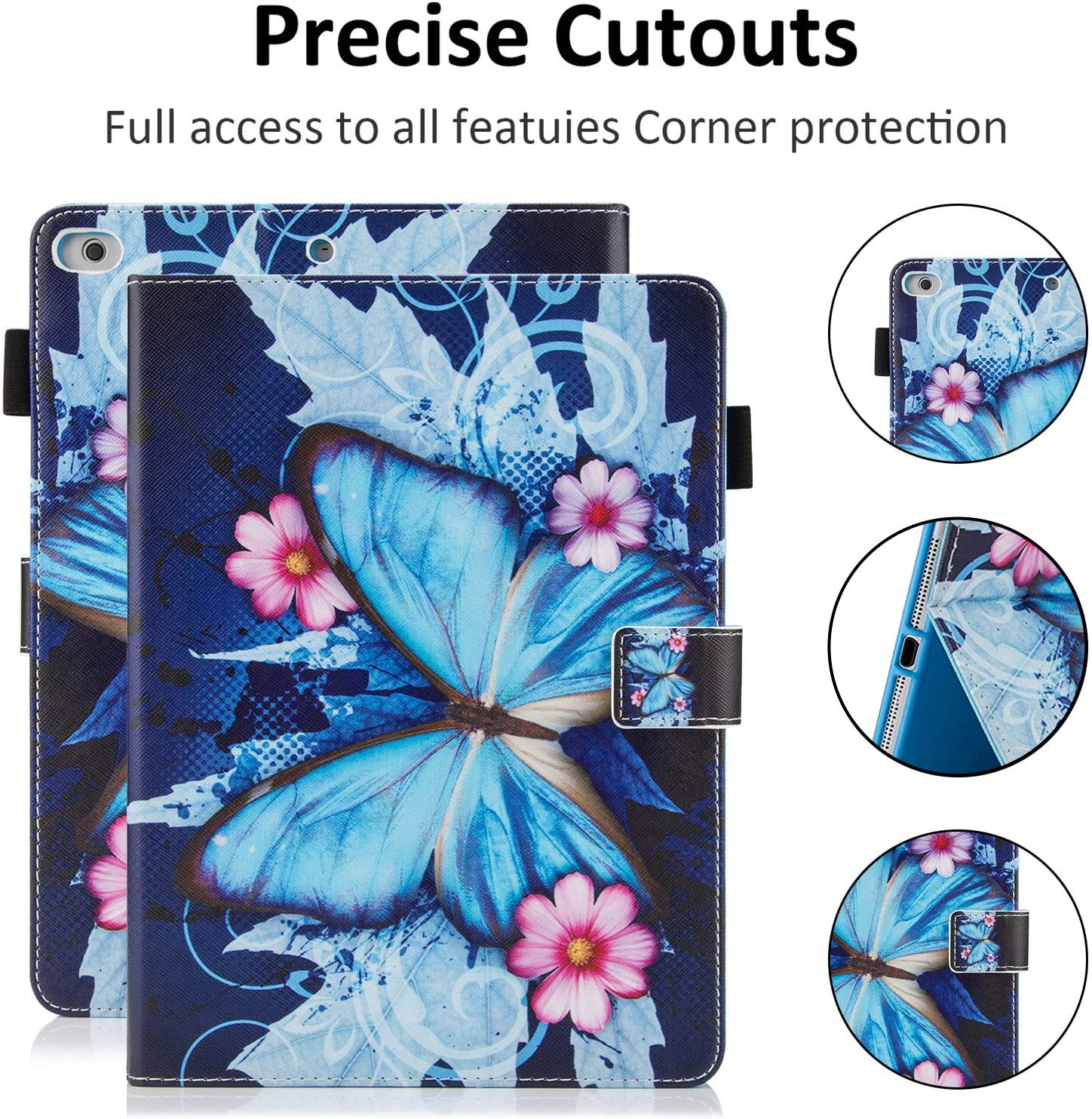 Premium PU Leather Folio Smart Cover with Auto Sleep/Wake Function - Wallet Stand Case for Apple iPad 9.7 inch (2018/2017/Air/Air 2) | Blue Butterfly Design | Perfect for Work, Travel & Home Use