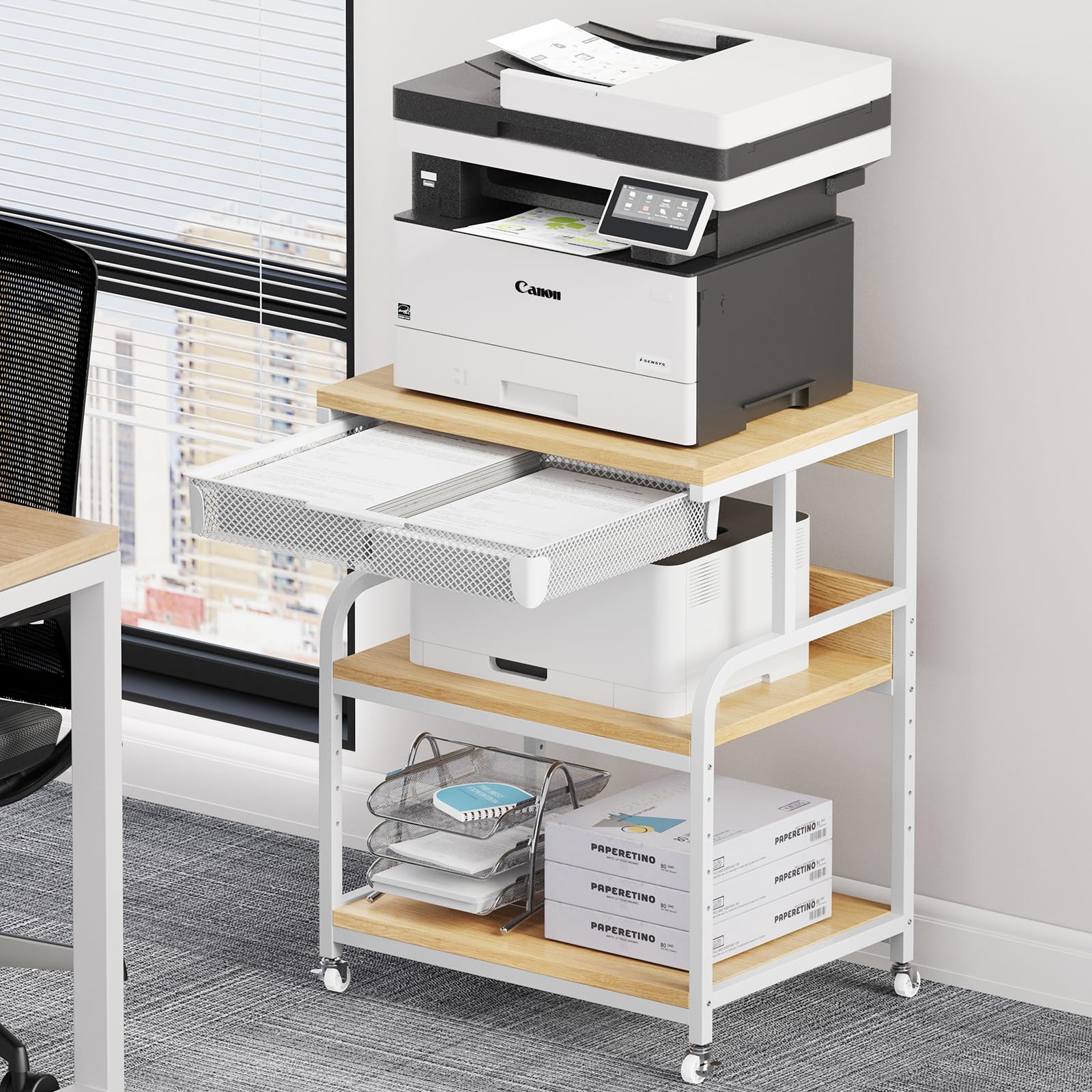 EasyCom 23.6''x18.9'' Extra Large Adjustable Printer Stand with 3 Storage Drawers & Wheels - 5 Height Settings Rolling Printer Cart for Home Office - Perfect for Printer, Scanner & Fax Machine Organization