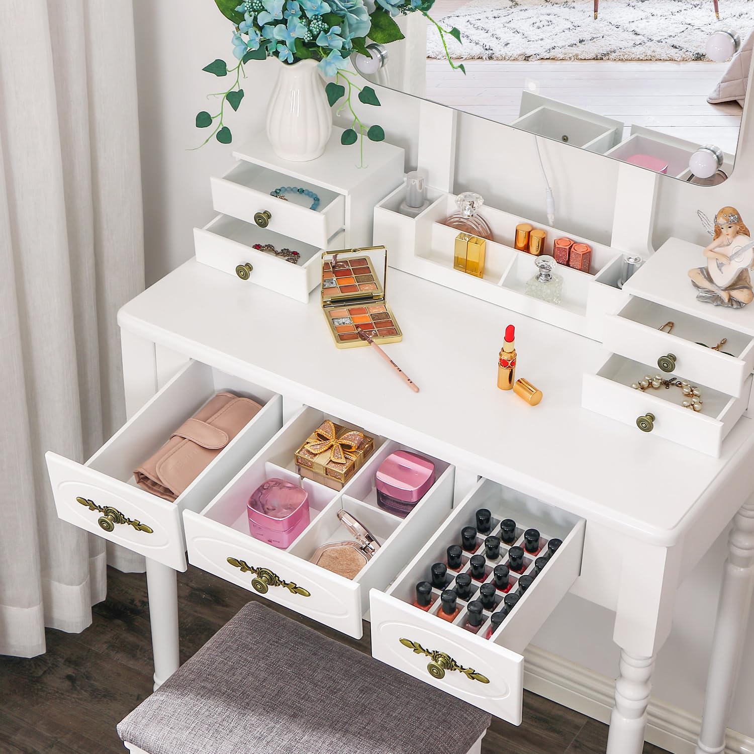 BEWISHOME White Vanity Desk with Mirror and LED Lights - Makeup Vanity Set with 8 Adjustable Bulbs, 3 Color Modes, 7 Drawers & Stool - Modern Dressing Table for Bedroom, Bathroom or Salon (Model FST13W)