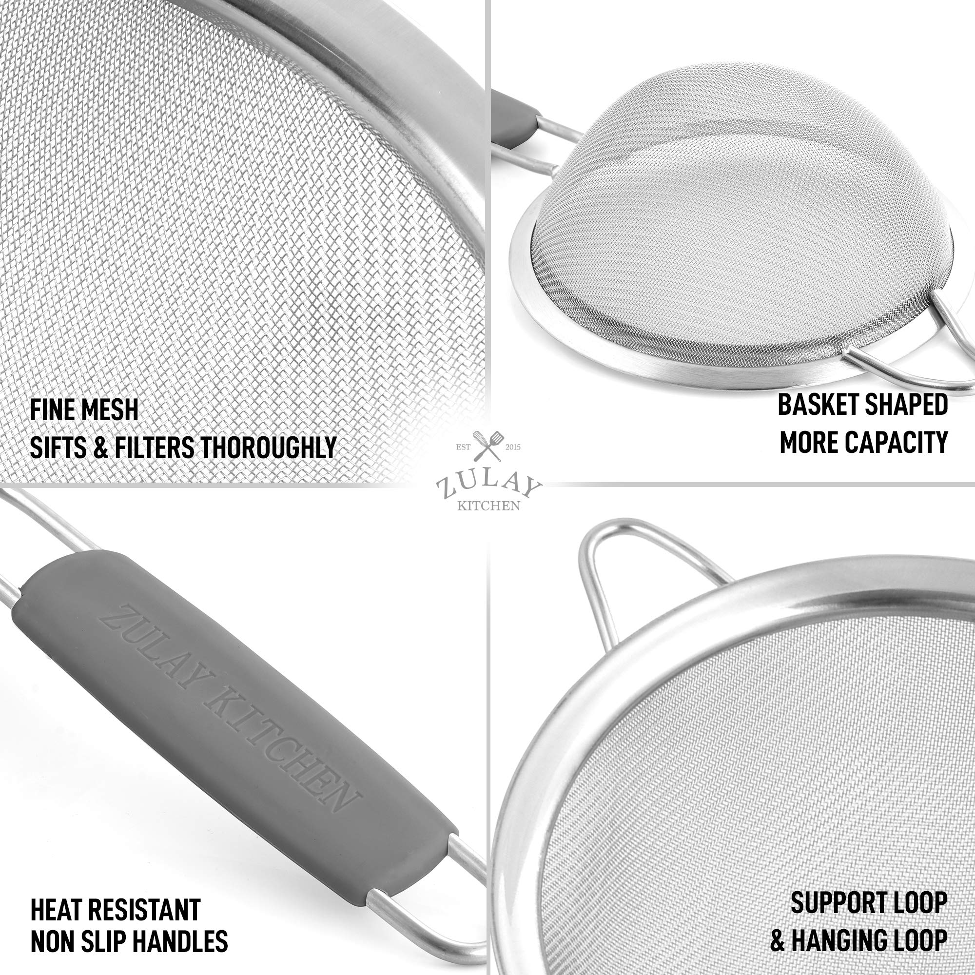 Premium Stainless Steel Fine Mesh Strainer Set (3-Piece) - Non-Slip Handles for Kitchen Use