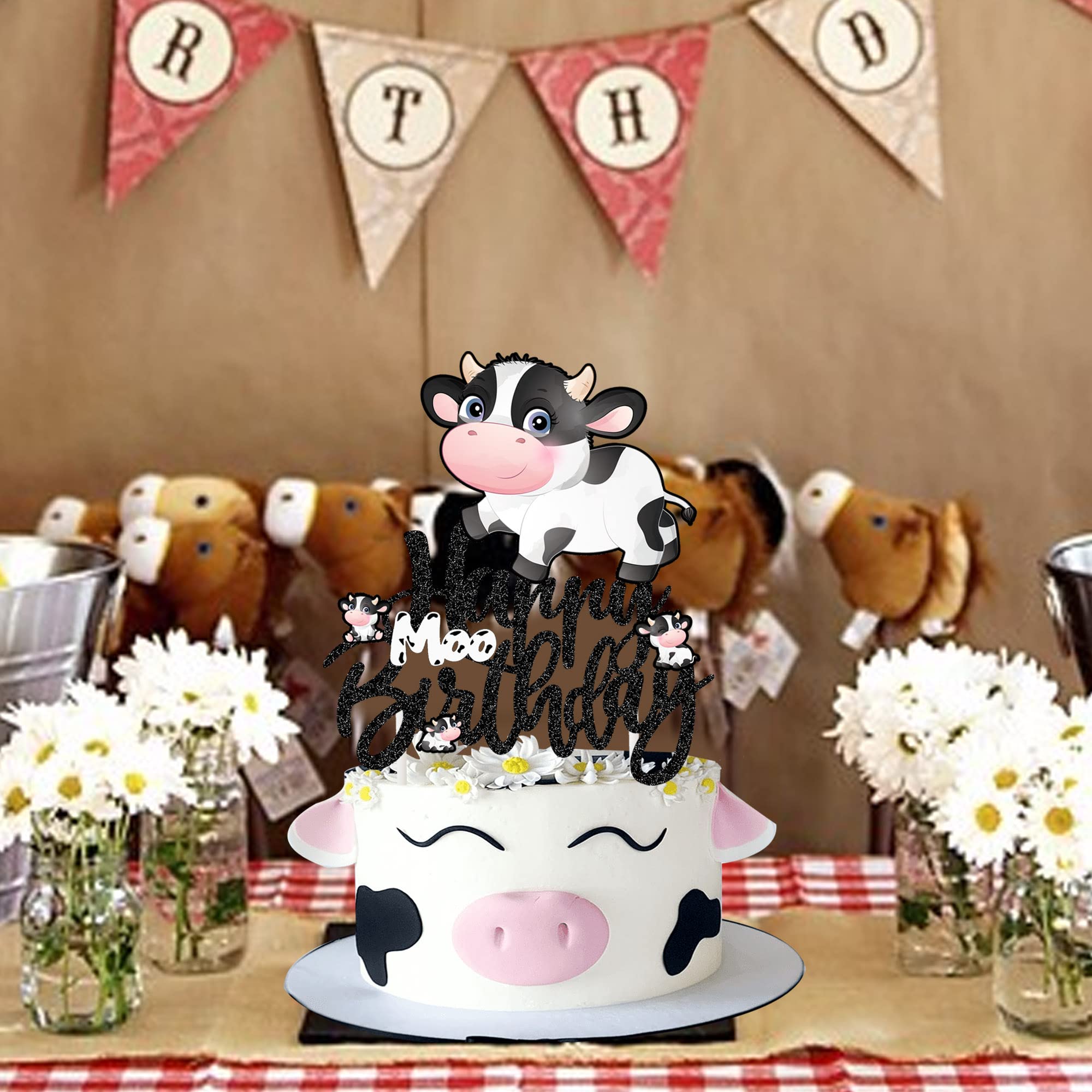 Happy Birthday Cow Cake Topper - Glitter Farm Animal Party Decorations for Kids Birthday, Baby Shower & Zoo Themed Events - Perfect for Farm-Themed Cakes, Cupcakes and Party Desserts