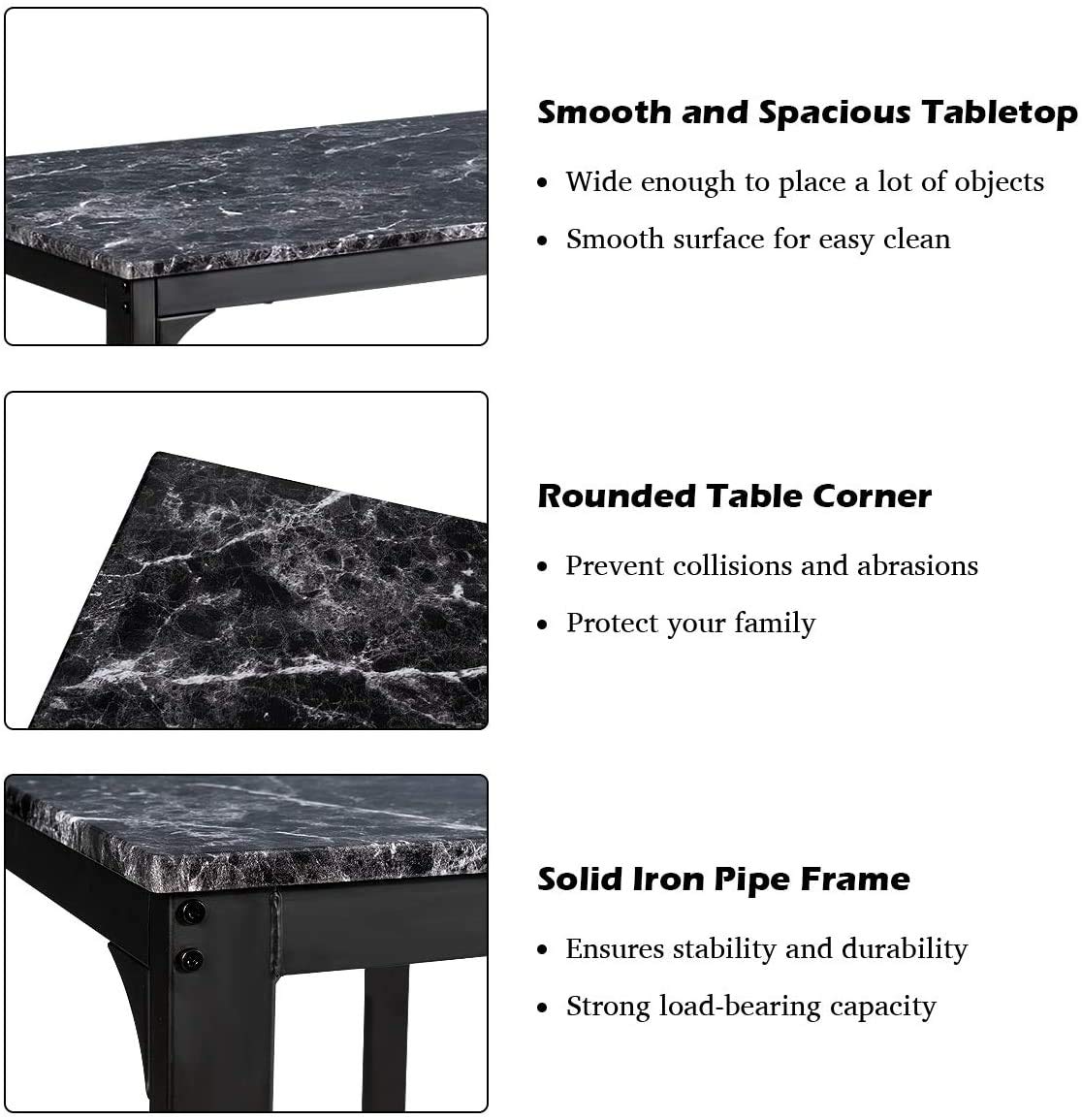 ReunionG 3-Piece Modern Dining Table Set with Marble Tabletop & Metal Frame - Black Kitchen & Dining Room Furniture for Breakfast Nook, Bar, Small Spaces & Apartments