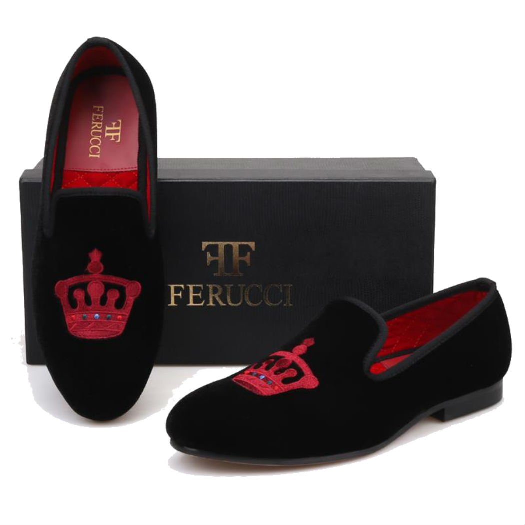 FERUCCI Handmade Men's Black Velvet Loafers with Burgundy Crown - Luxurious Velvet Slippers for Men - Perfect for Home, Lounge & Special Occasions