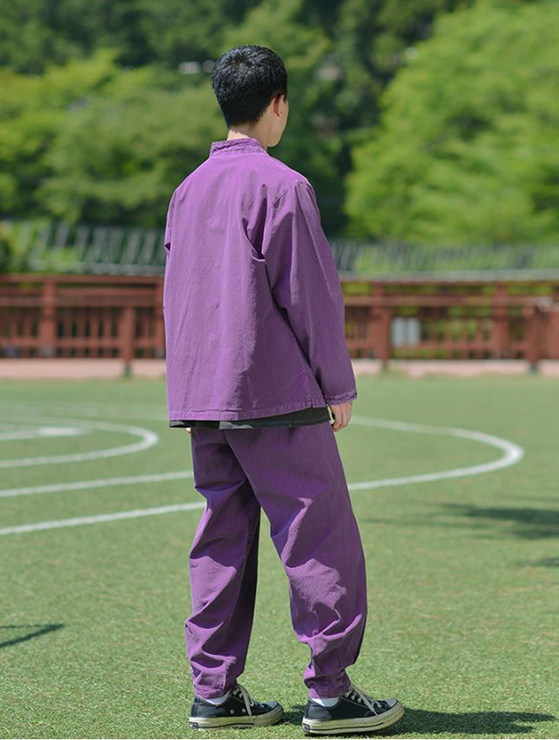 Modern Hanbok for Men & Women - 100% Cotton Washed Casual V-Neck Jacket & Pants Set in Purple (Style 10042) | Comfortable Traditional Korean Clothing for Daily Wear, Cultural Events & Special Occasions