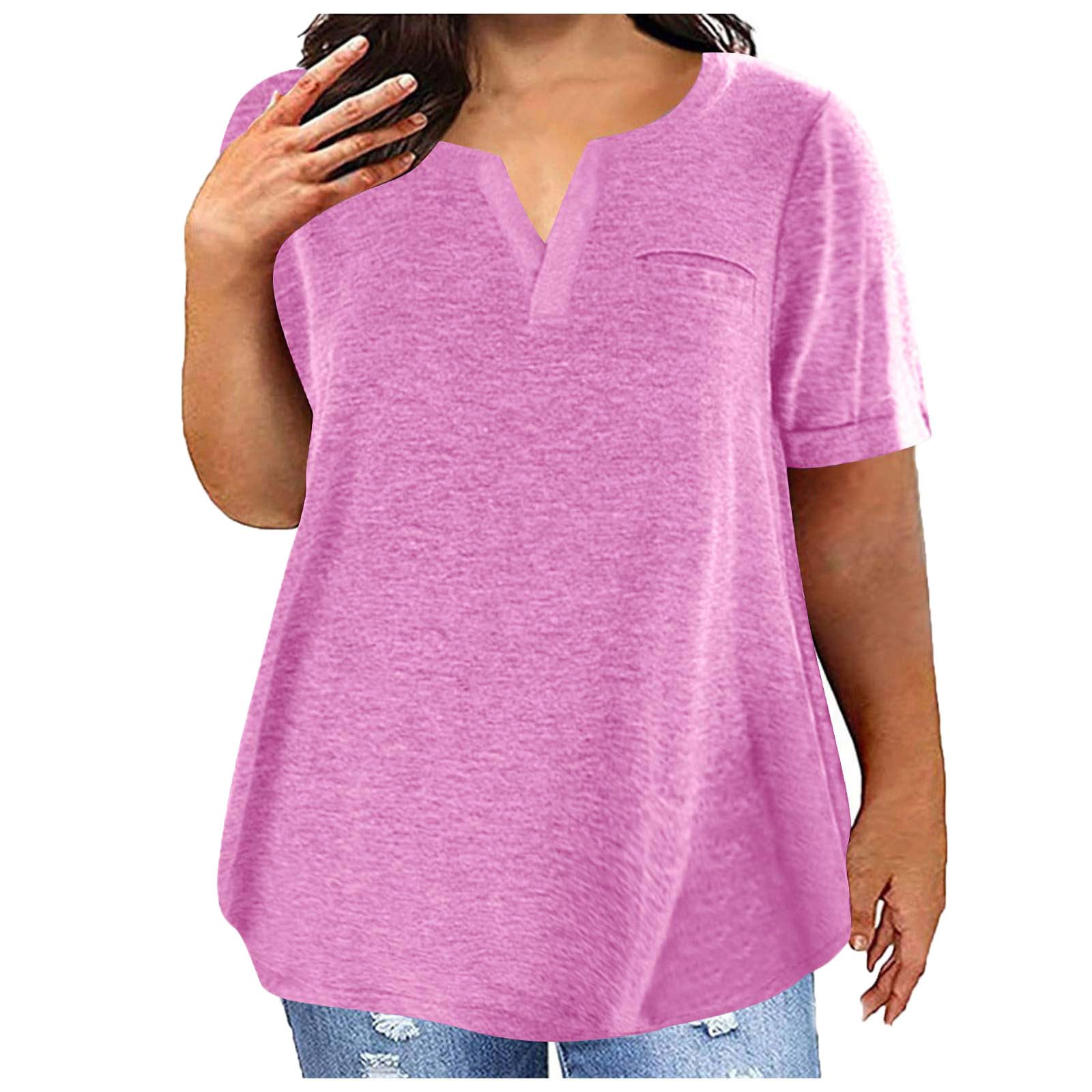 Plus Size Women's V-Neck Henley Shirts - Short Sleeve Casual T-Shirts for Summer | Loose Fit Ladies Tops & Blouses for Everyday Wear, Outings & Vacation