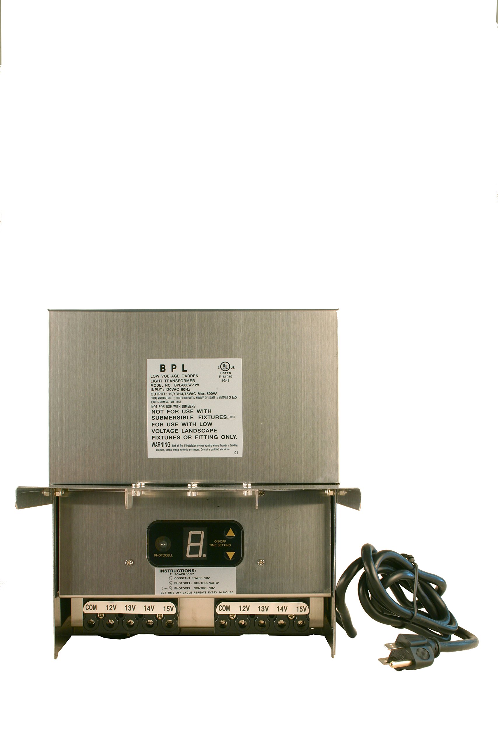 600W Low Voltage Transformer - 120V AC to 12-15V DC for LED & Halogen Landscape Lighting - Weatherproof Indoor/Outdoor Power Supply with Digital Timer & Photocell Sensor - Stainless Steel - Perfect for Garden, Pathway, and Outdoor Decorative Lighting