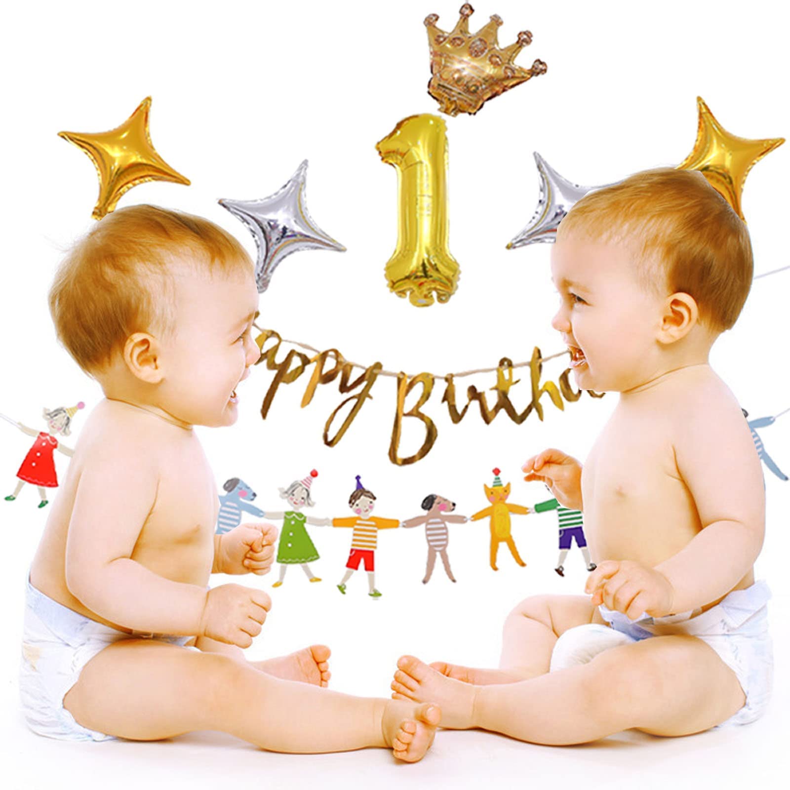 Royal Princess & Prince Birthday Balloon Decorations Kit - Gold Birthday Banner, Hand-Holding Banner, Crown Balloon, Number Balloon, Gold & Silver Star Balloons for Kids Birthday Party Decor, Baby Shower, Gender Reveal Celebration