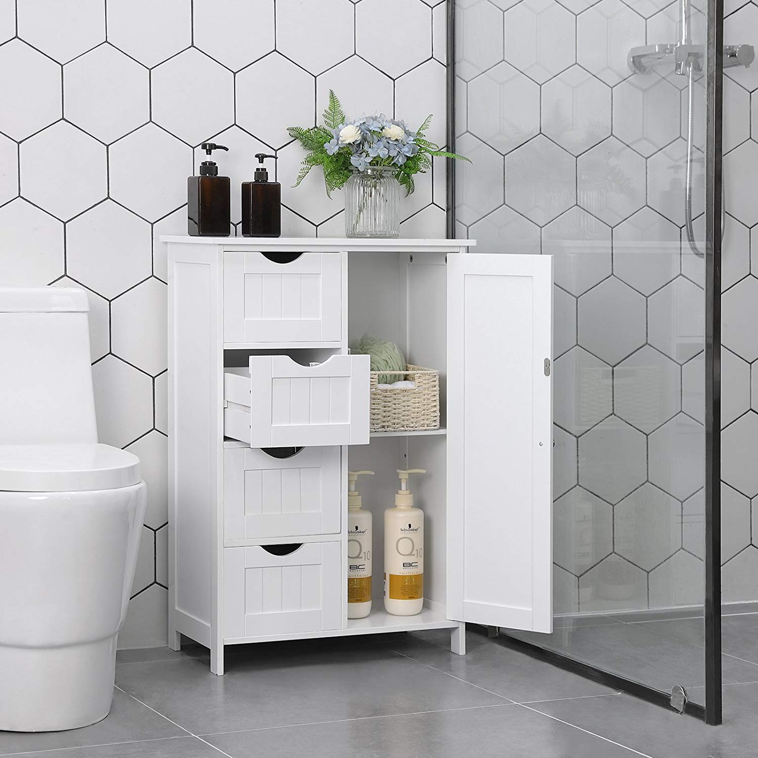 White 4-Drawer Bathroom Storage Cabinet with Cupboard - Freestanding Organizer for Bathroom, Office, Entryway & Living Room - Perfect for Towels, Toiletries, Office Supplies & Home Decor