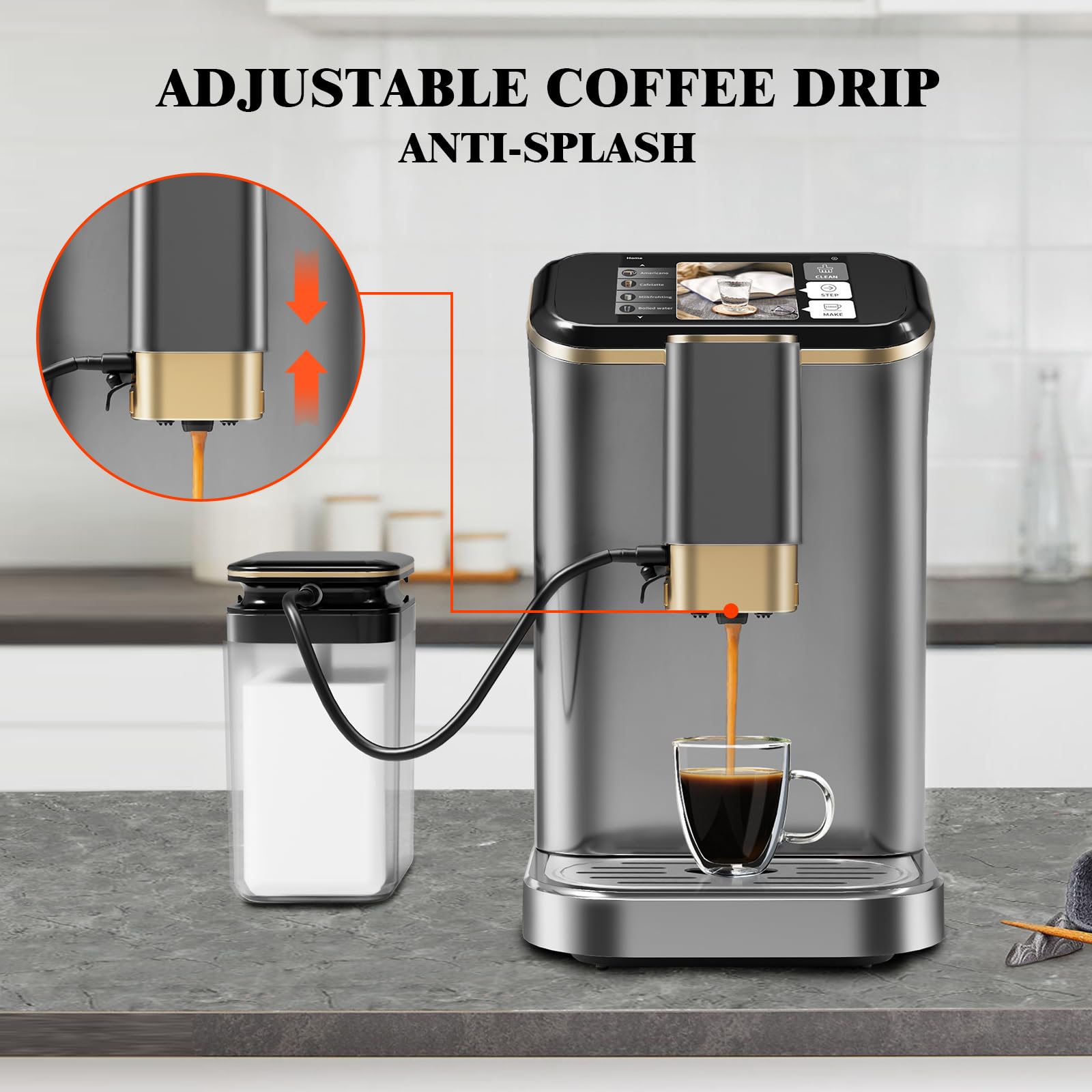 Premium 20 Bar Fully Automatic Espresso Machine with Milk Frother & Steam Wand - Professional Coffee Maker for Cappuccino, Latte & Espresso - Includes Insulated Milk Container (Gold) - Perfect for Home, Office & Cafe Use
