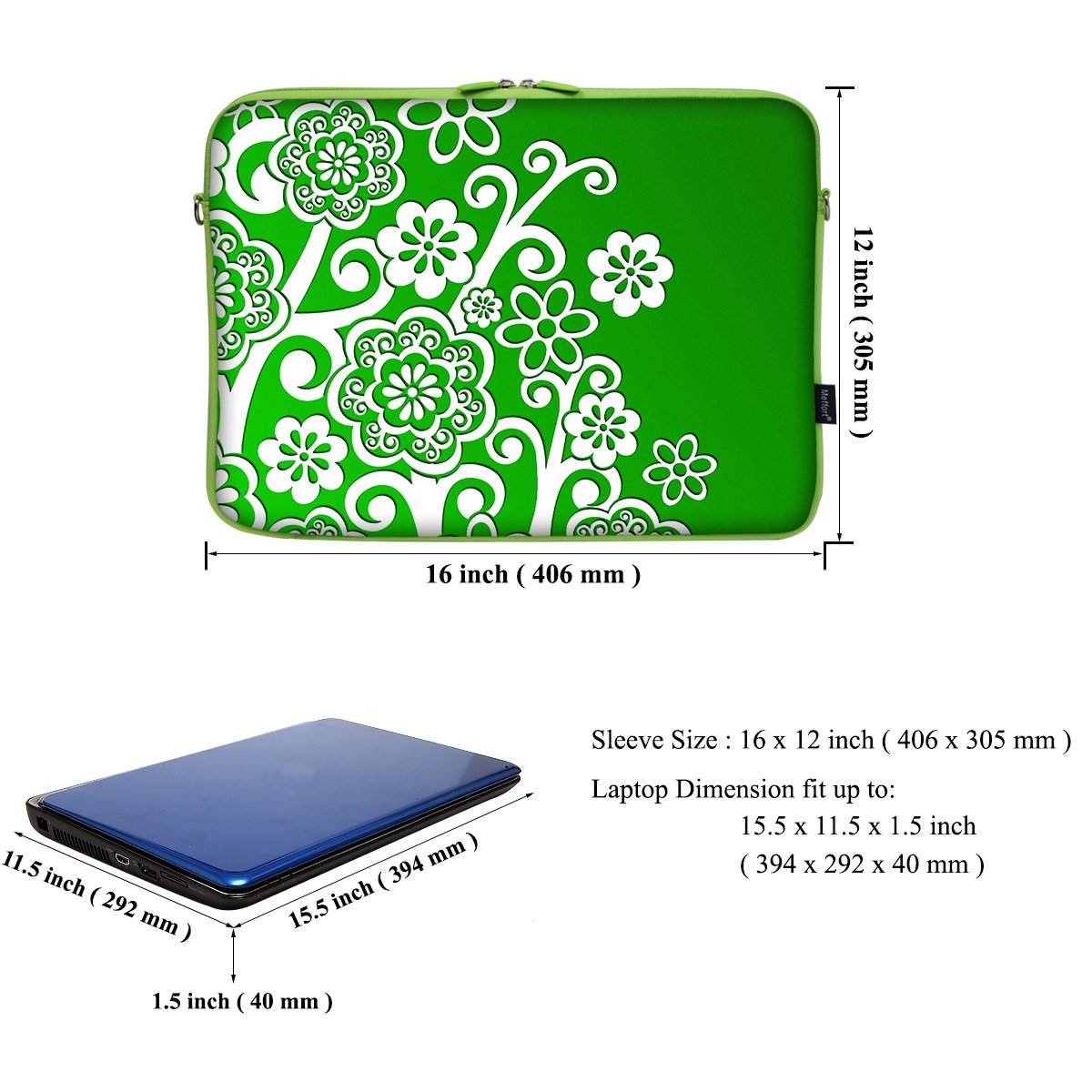 15.6 Inch Neoprene Laptop Sleeve Case with Hidden Handle - Compatible with MacBook Air, Ultrabook, Chromebook - Green Floral Swirl Design - Perfect for Work, School & Travel Protection