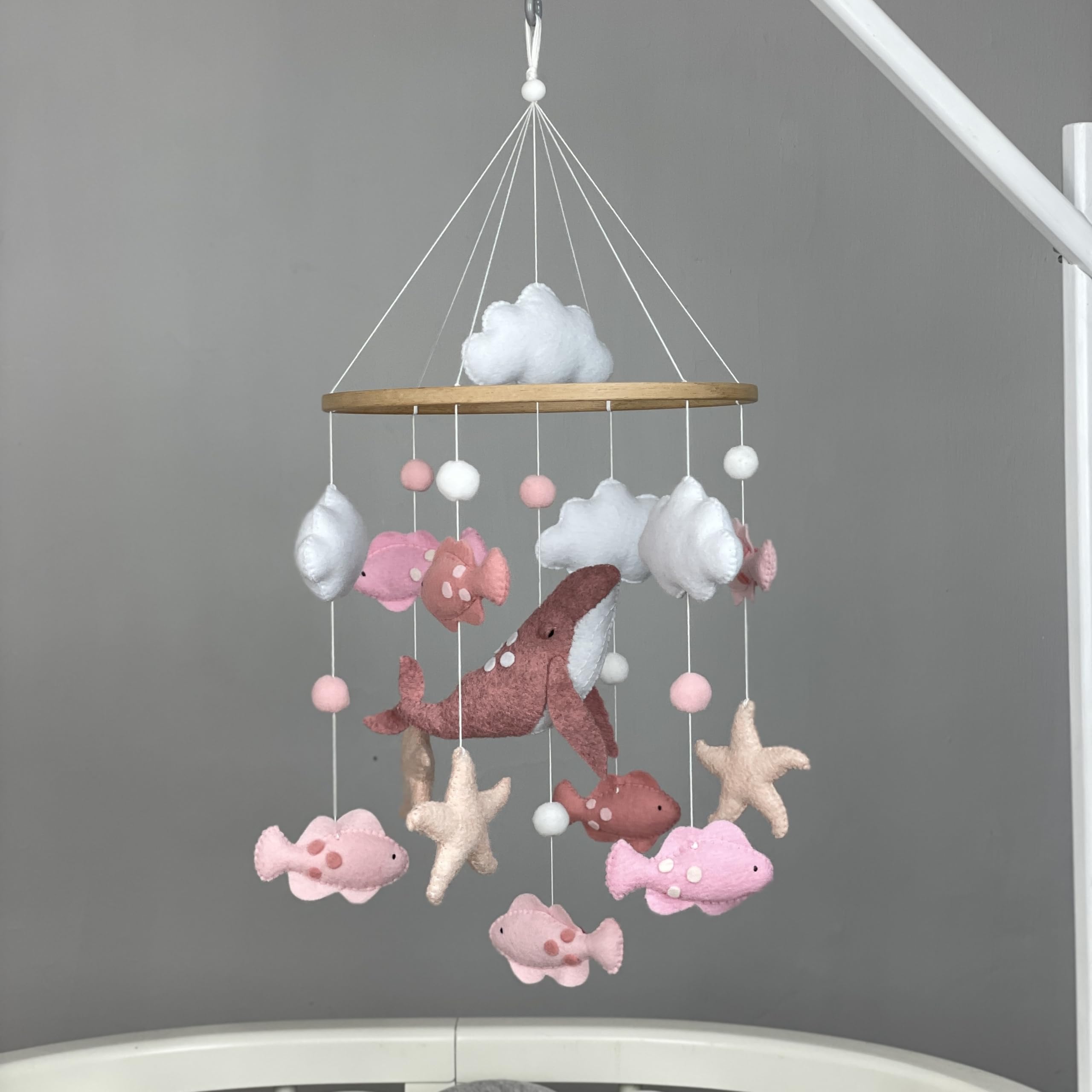 **Whale & Fish Baby Crib Mobile - Pink Ocean Nursery Decor with Felt Sea Animals, Perfect Baby Shower Gift for Girls | Newborn Nursery, Baby Room, Coastal Theme Decor**
