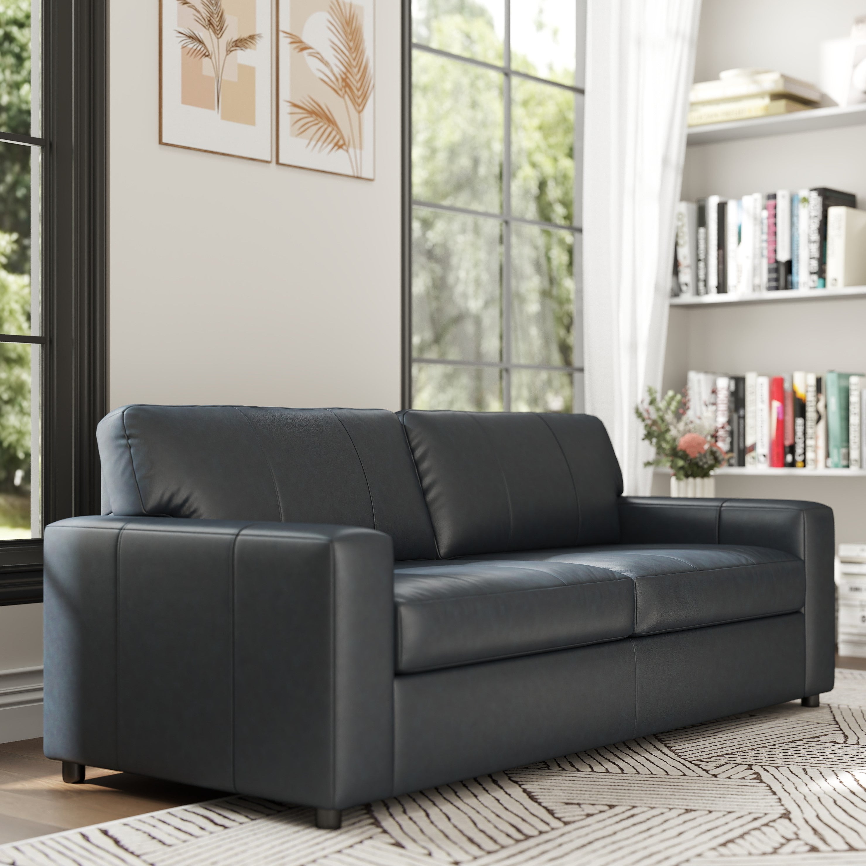 Roundhill Furniture Sakan Genuine Leather Upholstered Sofa - Modern Living Room Couch for Home, Office & Lounge Comfort