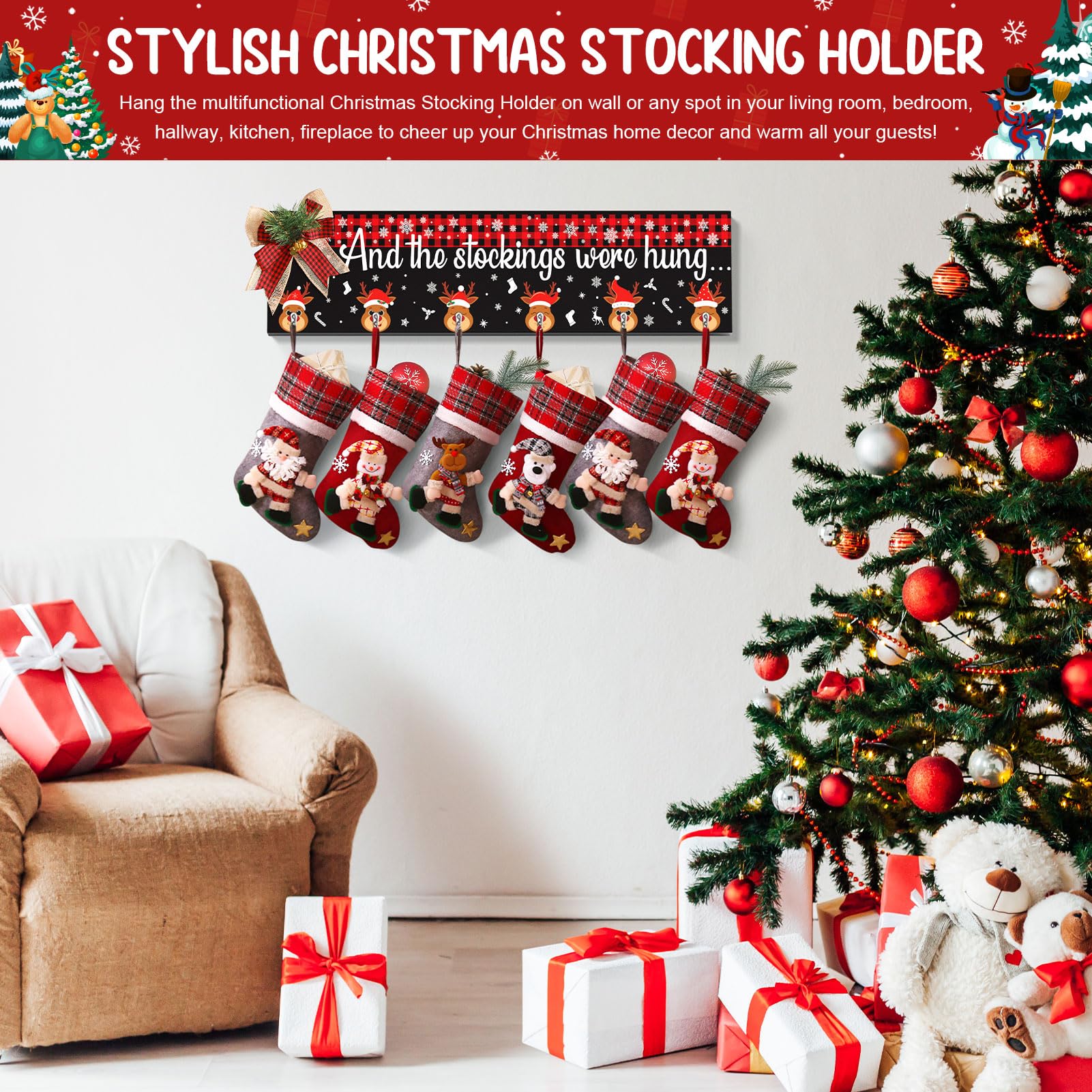 Wooden Christmas Stocking Holder for Mantel - 24.4 Inch Collapsible Fireplace Stocking Hanger with 6 Hooks - Perfect for Holiday Decor, Wall Hanging, and Festive Mantel Display - Xmas Stocking Organizer for Fireplace Decorations