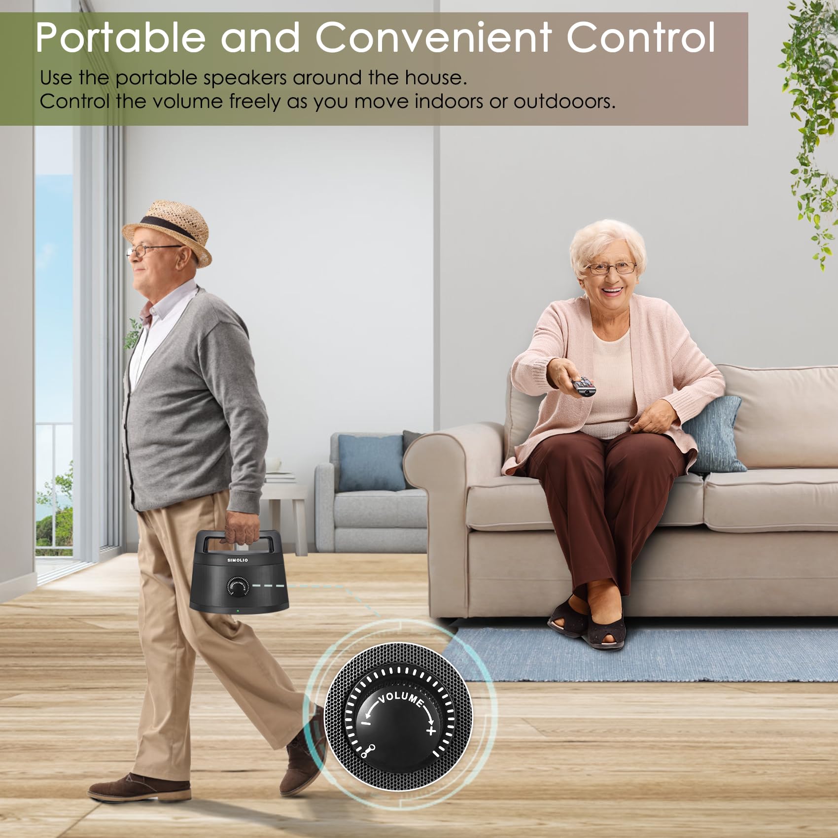 SIMOLIO Wireless TV Speaker for Seniors - Portable Bluetooth Speaker with Clear Dialogue Enhancement for Hard of Hearing & Elderly | Optimal Sound Quality Without Loud Volume | Perfect for Home Entertainment & Nighttime TV Watching (Black)