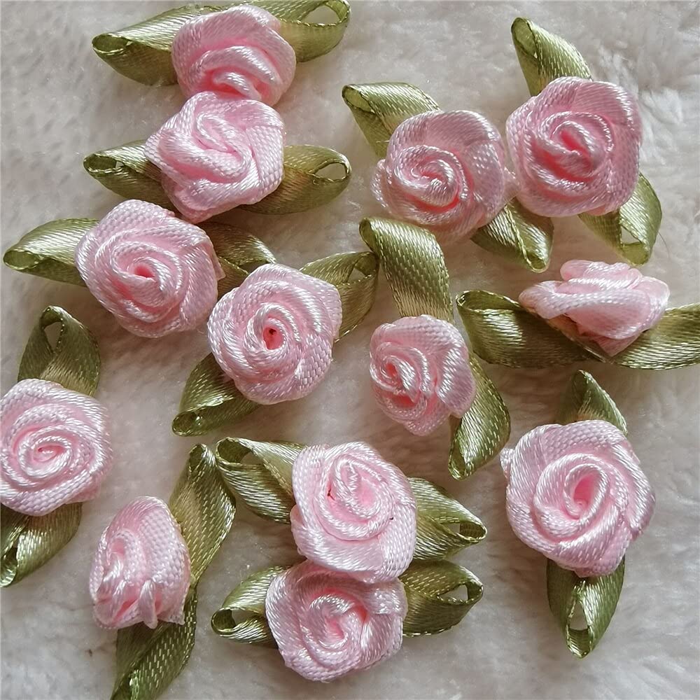 100pcs Mini Satin Ribbon Rose Flowers - Silk Fabric Flower Appliques for DIY Wedding Decorations, Crafts & Sewing Accessories - Handmade Pink Silk Roses for Bouquets, Hair Clips, Gift Wrapping & Scrapbooking - EhxodiaBB