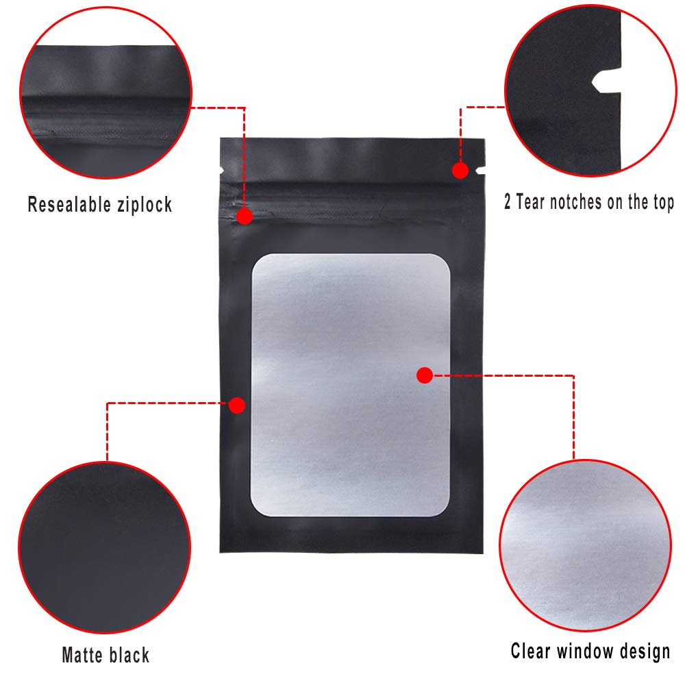 100 Pack Smell Proof Mylar Bags 3.3 x 5.1 Inch - Airtight Foil Pouch with Clear Window, Matte Black Flat Bags for Storage, Travel & Organization (Perfect for Food, Herbs, Jewelry & Small Items)