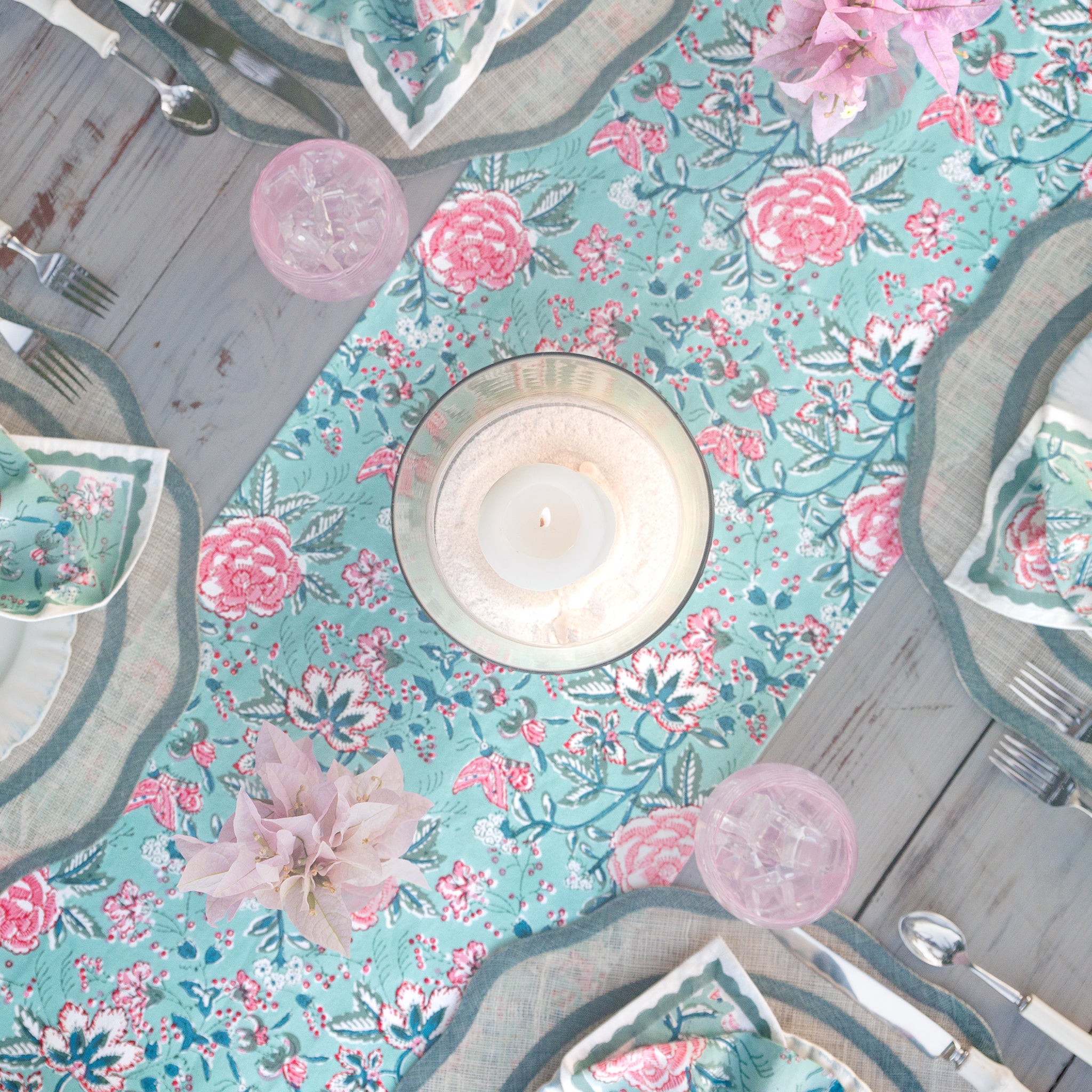 Butterfly Garden Aqua & Rose Table Runner - Elegant Floral Design for Dining Table Decor, Wedding, Party & Home Decorations