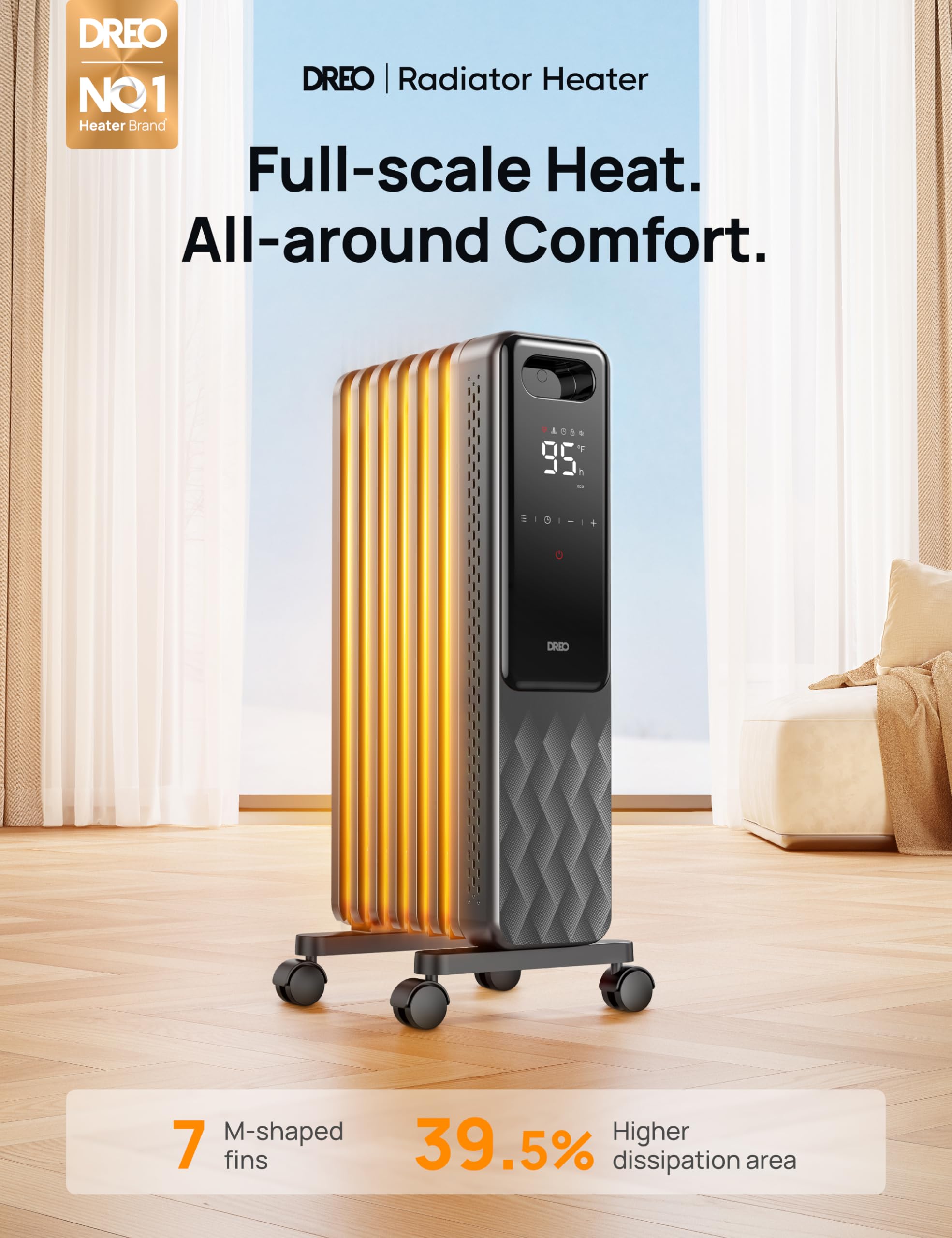 Dreo 1500W Oil Filled Radiator Heater with Remote Control - Digital Thermostat, 4 Heating Modes, Child Lock, 24H Timer - Overheat & Tip-Over Protection for Large Indoor Rooms - Perfect for Bedroom, Living Room & Office Use