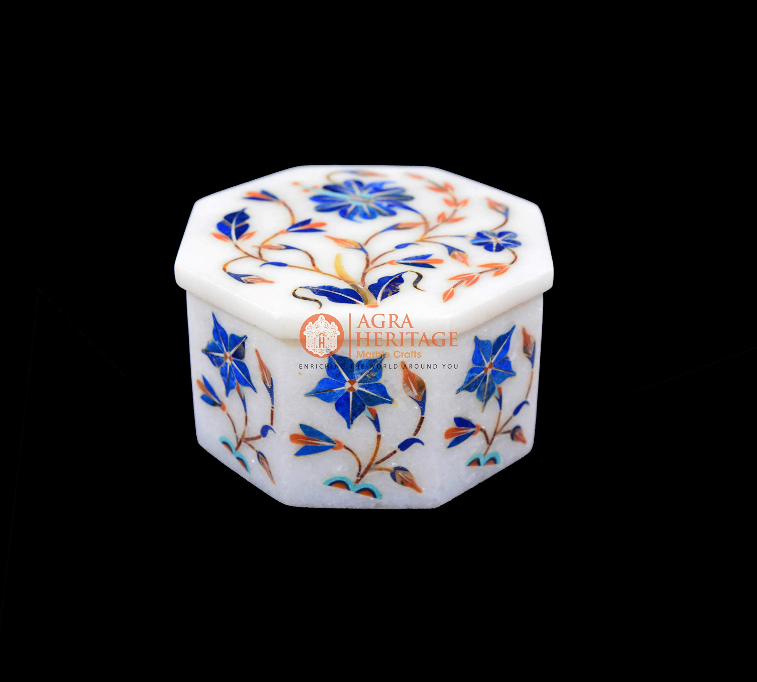 Handcrafted Lapis Lazuli Marble Jewelry Box - Octagon Shape with Marquetry Inlay - 3x3x2 Inch Luxury Gift & Home Decor for Women | Perfect for Storing Rings, Necklaces & Keepsakes