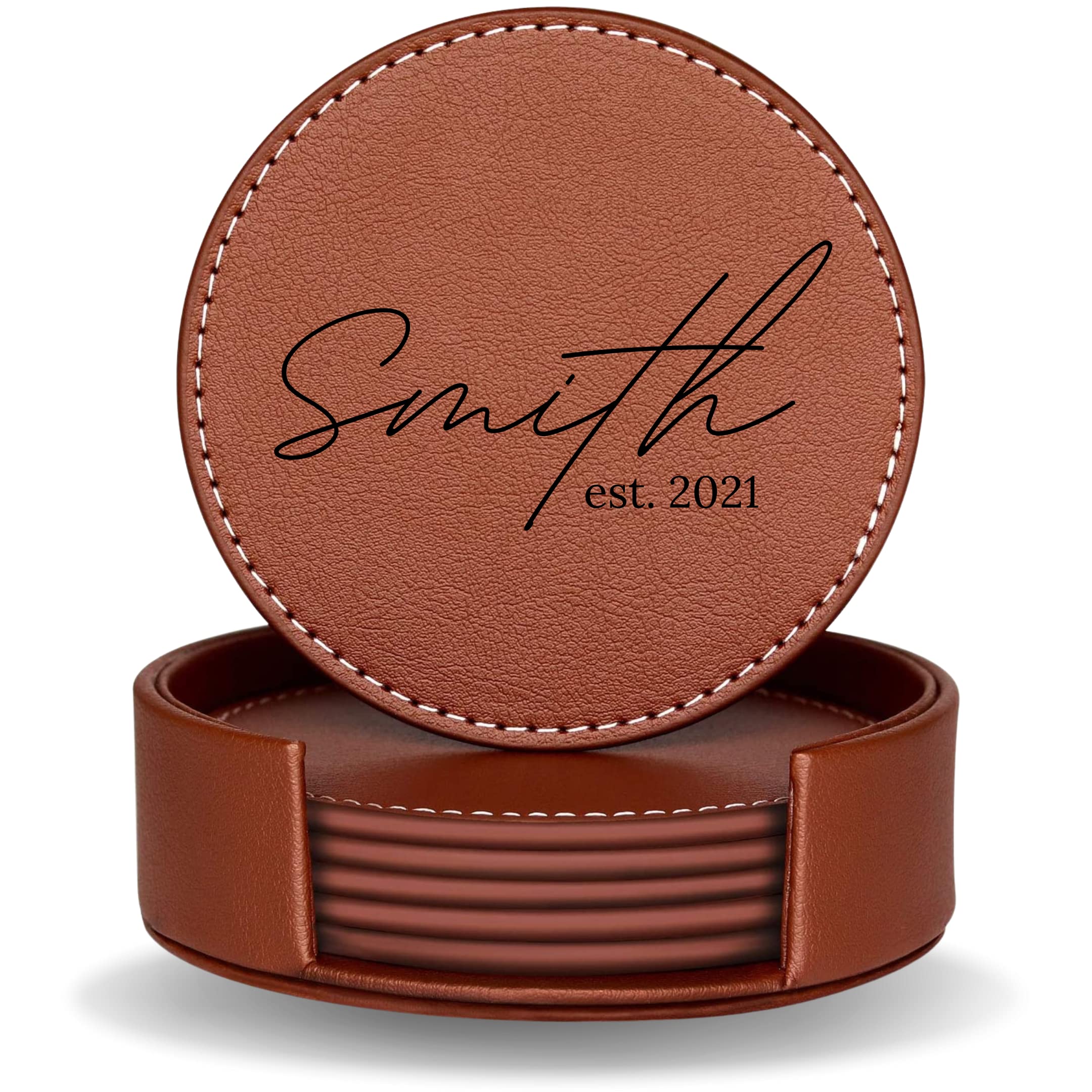 Set of 6 Personalized Engraved Leather Coasters with Holder | Handmade in USA | Custom Wedding, Anniversary & Housewarming Gifts | Perfect for Home Bar, Office Desk & Dinner Parties