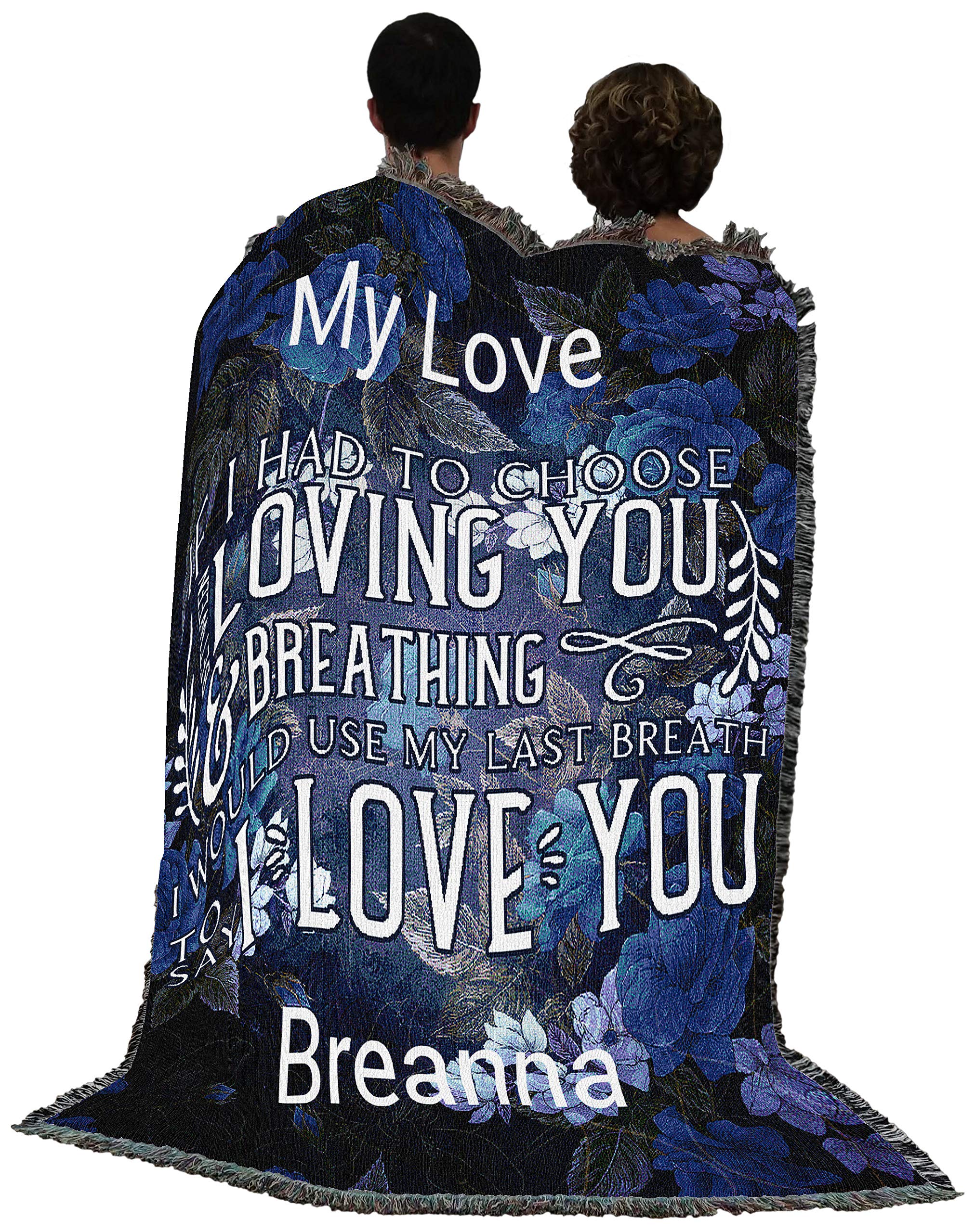 Personalized 'Breathing Loving You' Blue Cotton Woven Throw Blanket 72x54 - Custom Gift Tapestry Made in USA - Perfect for Anniversaries, Weddings & Cozy Home Decor