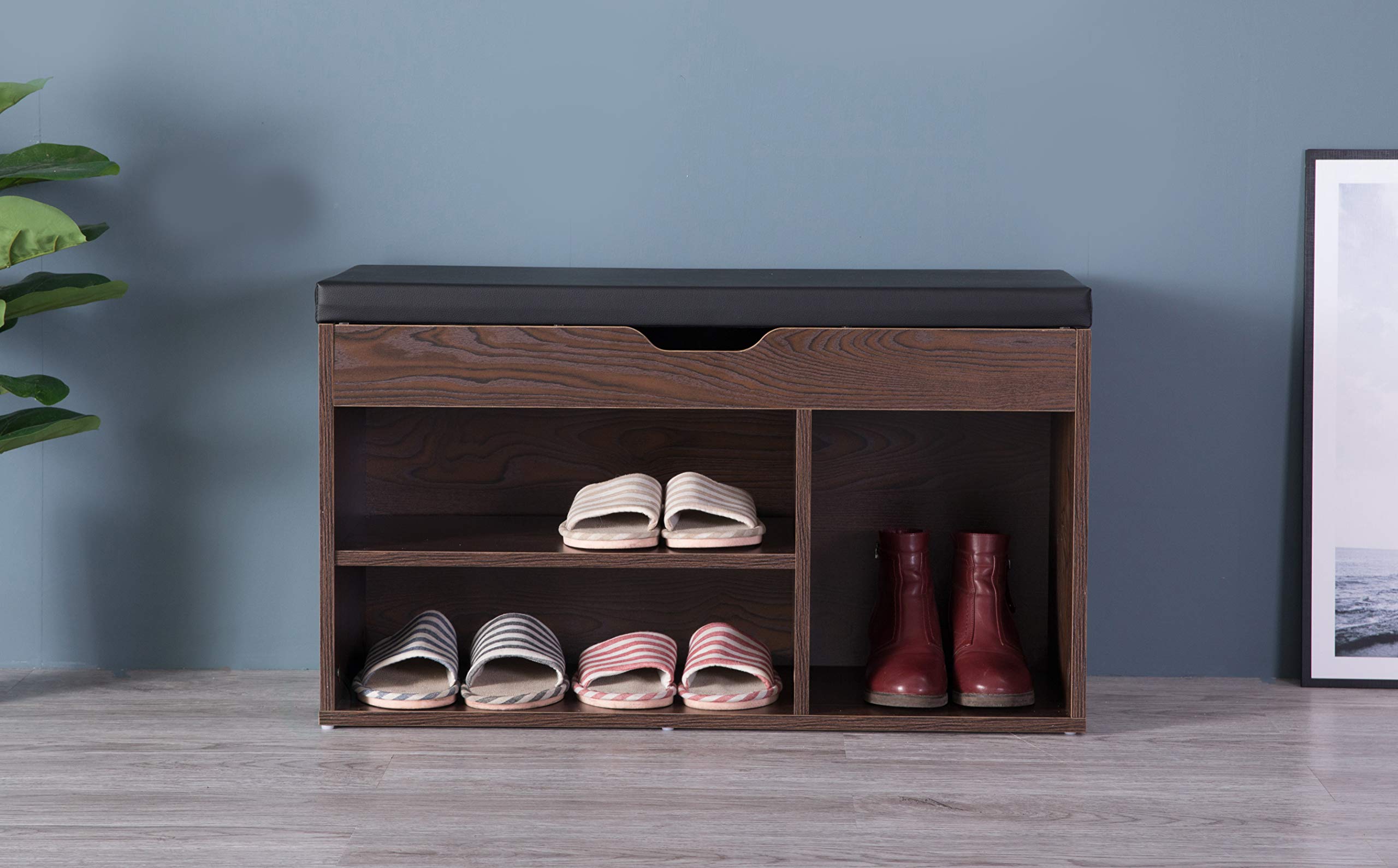 Basicwise Entryway Storage Shoe Rack with Top Seat - Brown & Black Shoe Organizer Bench for Hallway, Mudroom, or Living Room - Space Saving Entry Bench with Shoe Storage