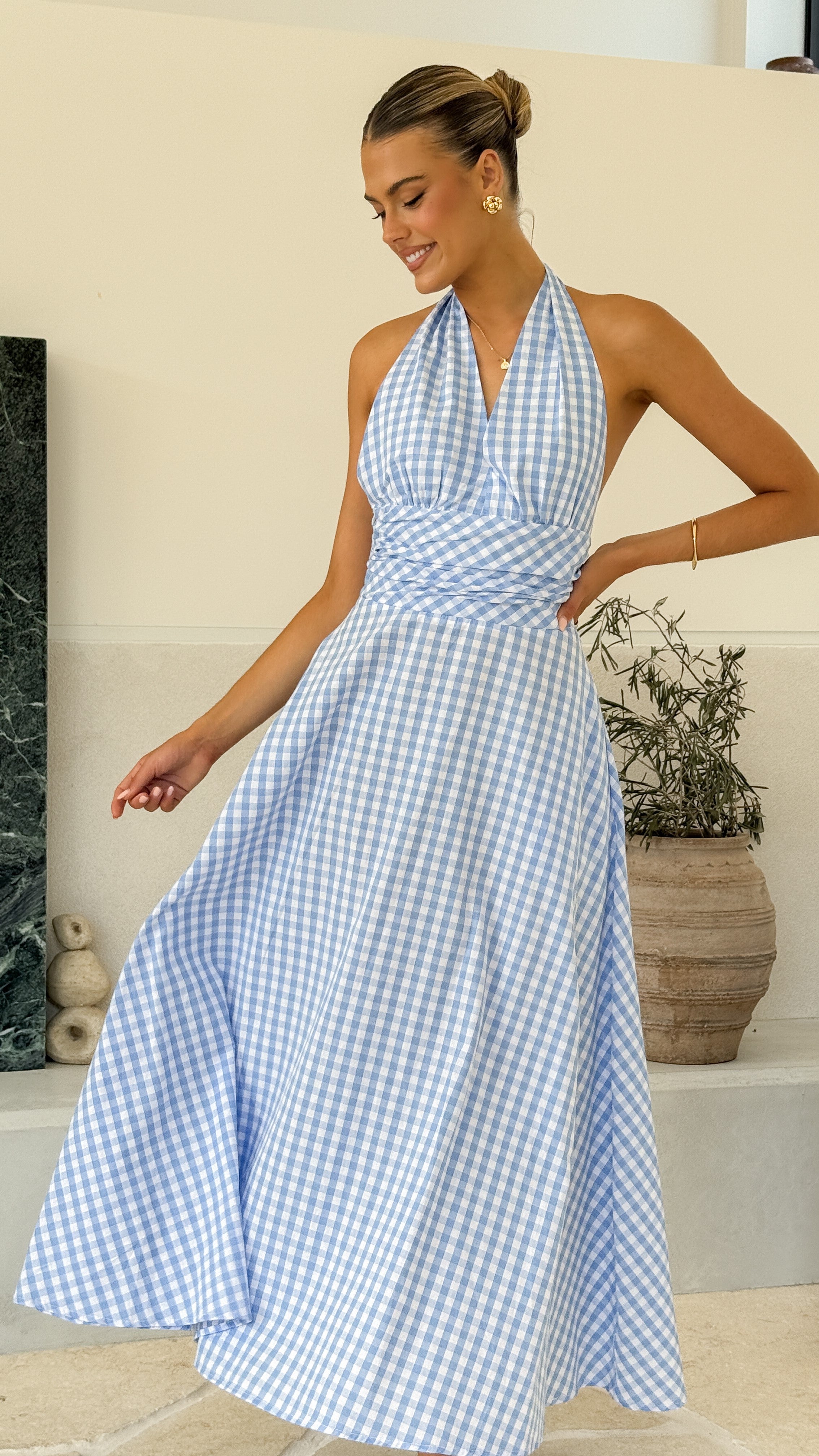 Brydie Halter Maxi Dress - Light Blue Gingham Floral Summer Dress for Women | Beach Cover Up, Vacation Outfit, Boho Chic Style