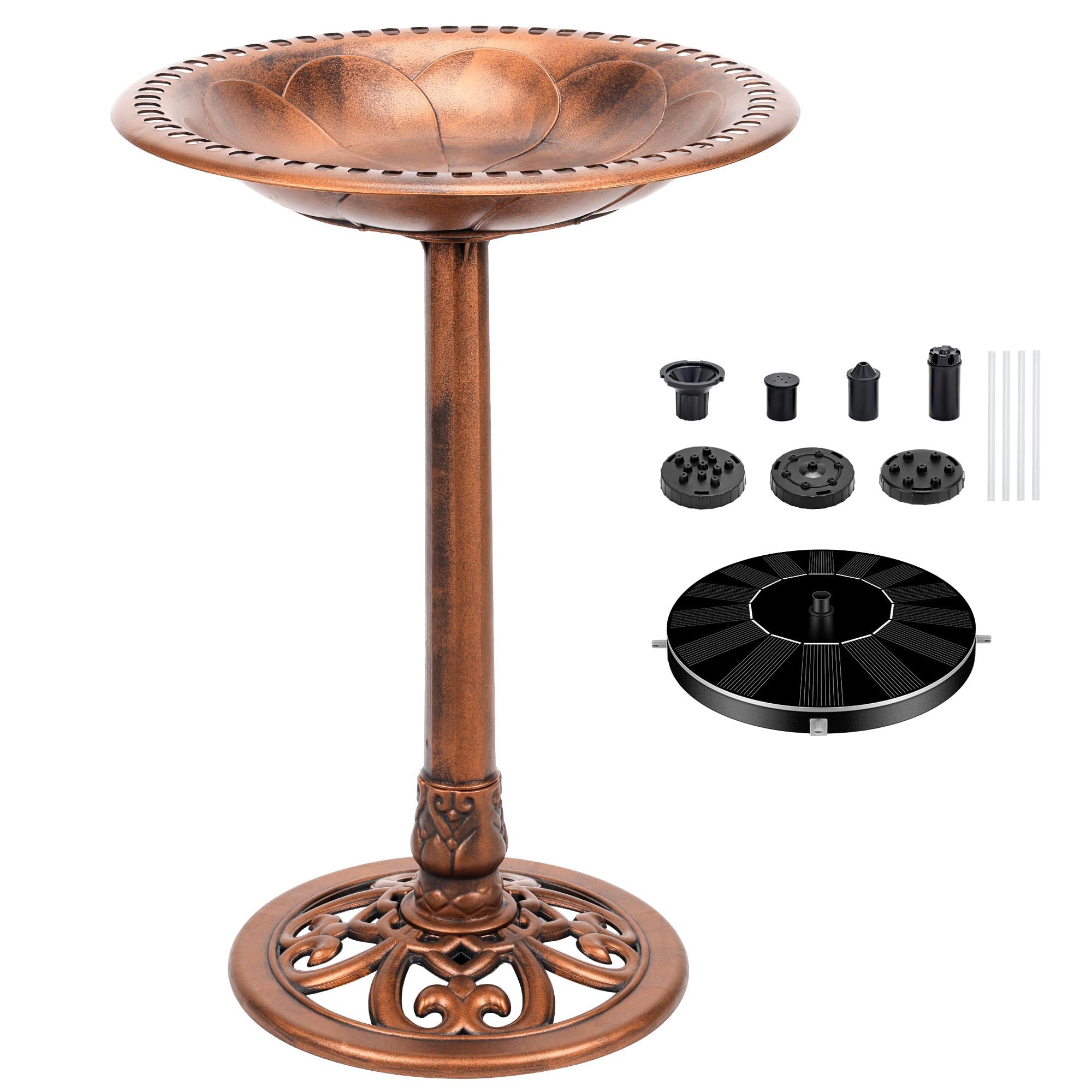 28 Inch Solar Powered Bird Bath with Fountain - Antique Polyresin Standing Birdbath for Outdoor Garden Decor, Copper Finish - Perfect for Attracting Birds to Your Backyard, Patio or Garden