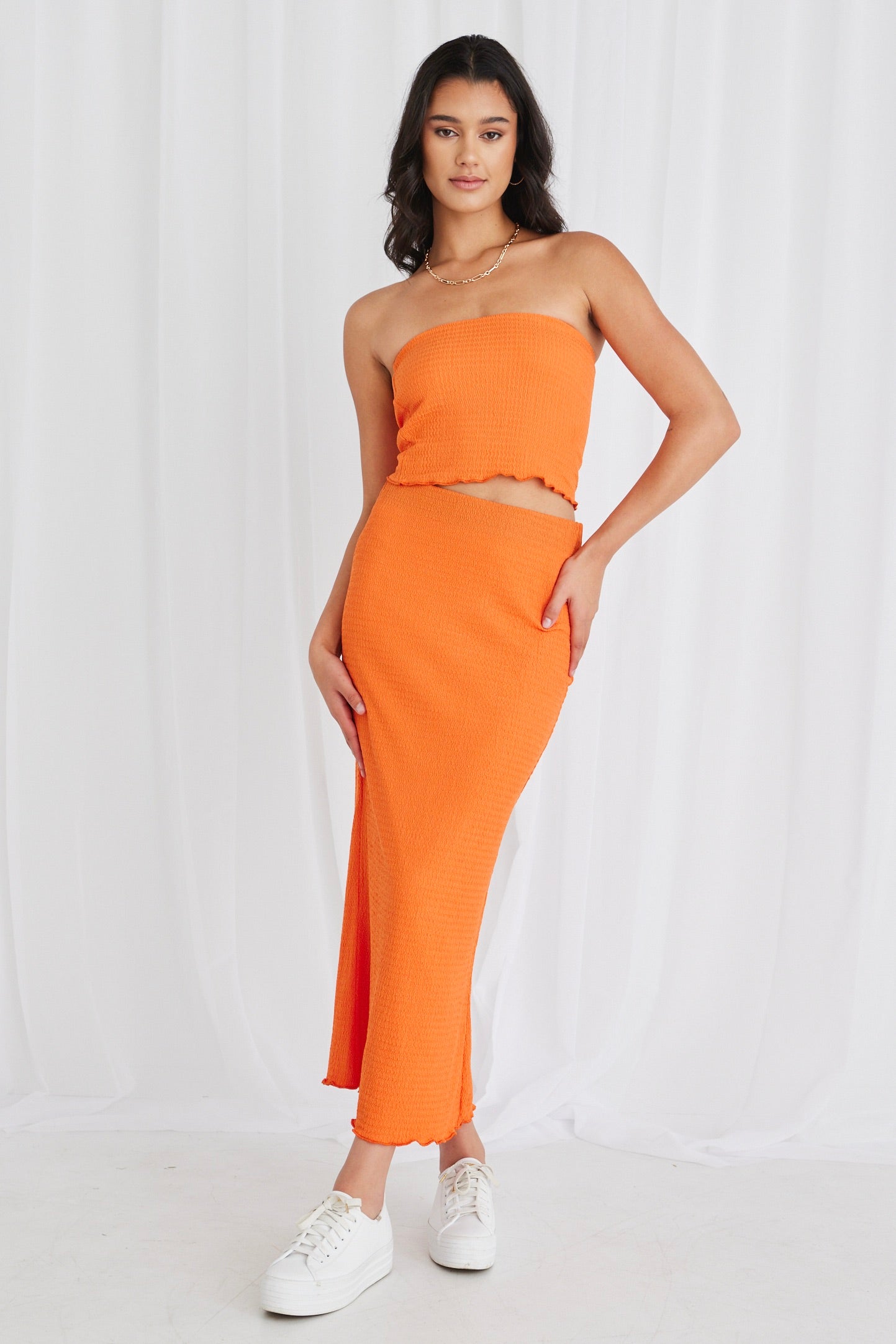 Beacon Orange Zigzag Knit Tube Skirt - Women's Stretchy Bodycon Midi Skirt for Casual Wear & Night Out