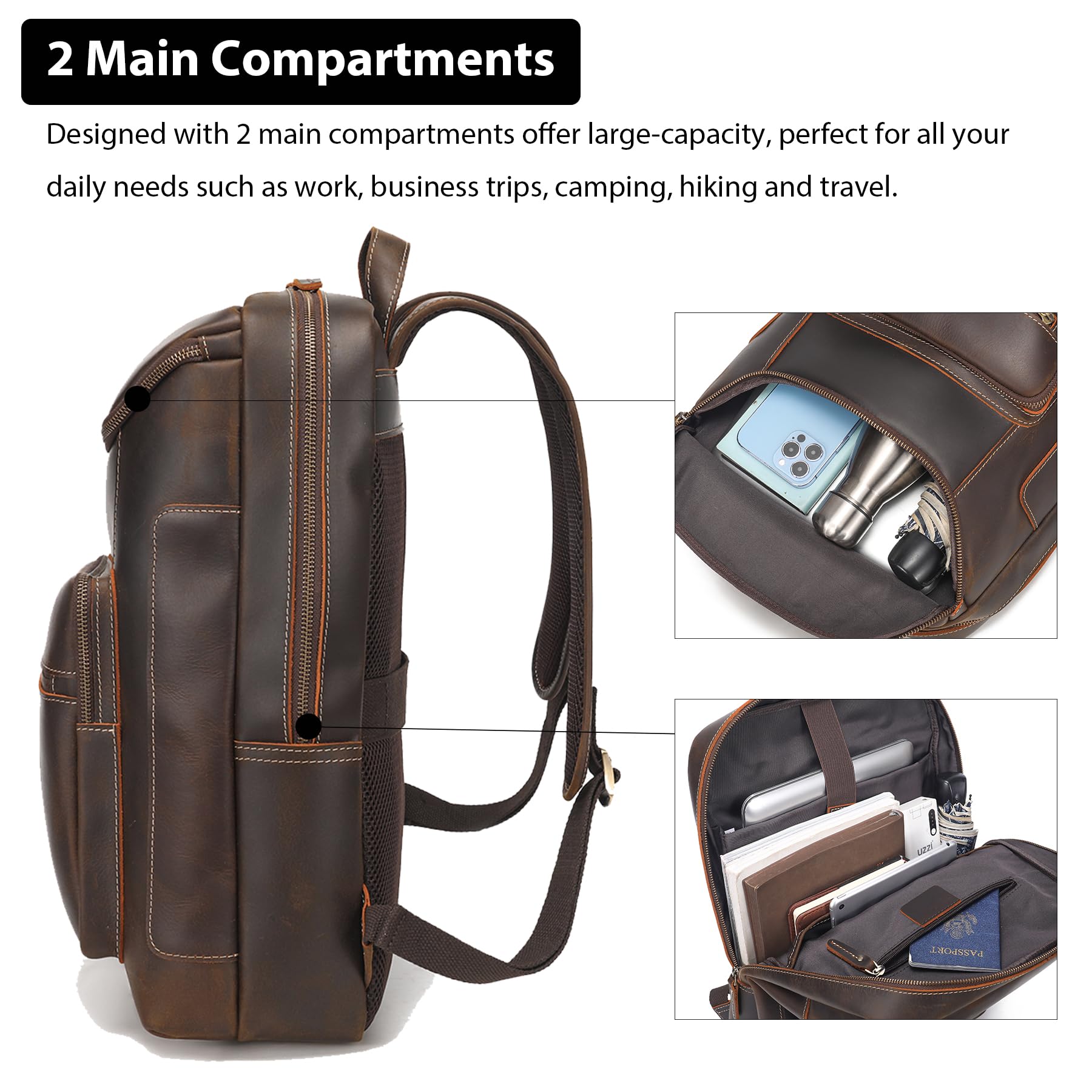 Premium Full Grain Leather Backpack for Men - 17 Inch Laptop Backpack with YKK Zippers - Durable Business Travel & Casual Outdoor Rucksack - Perfect for Work Commute, College Campus & Weekend Adventures