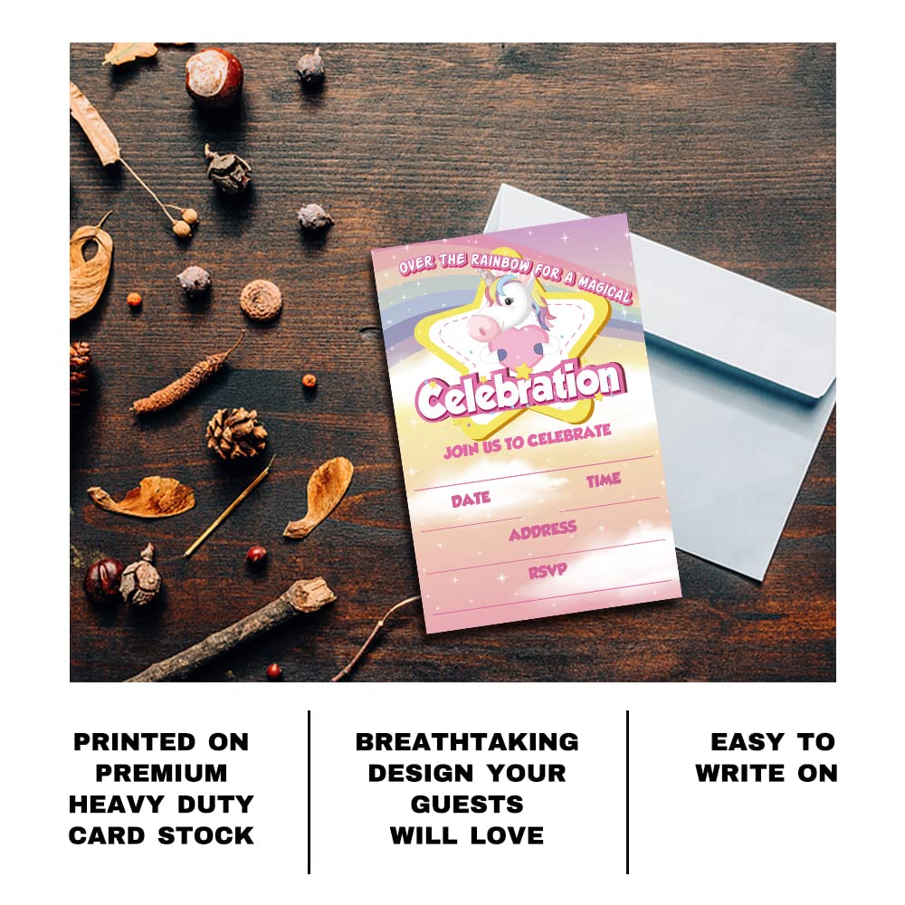 Magical Unicorn Birthday Party Invitation Cards - 20 Premium Invites with Envelopes for Girls' Birthday Celebrations, Unicorn Theme Party Supplies, Rainbow Decorations - Perfect for Kids' Birthday Parties, Baby Showers & Special Events (DLM220)