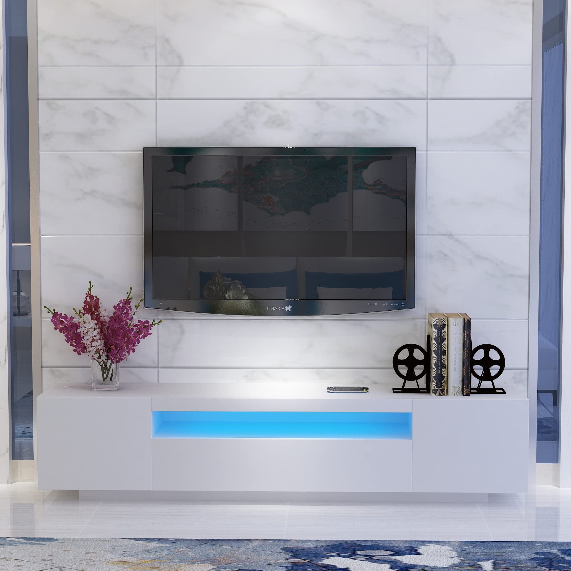 Modern White LED TV Stand for 85 Inch TV with 16-Color RGB Lighting - Entertainment Center for Living Room & Bedroom - Perfect for Movie Nights & Gaming Setup