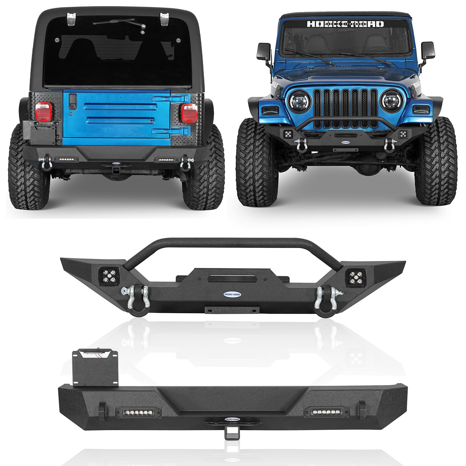 Hooke Road Jeep Wrangler TJ Front & Rear Bumper Set (1997-2006) - Heavy Duty Off-Road Bumpers with D-Rings & Receiver Hitch - Perfect for Trail Riding, Rock Crawling & Jeep Upgrades