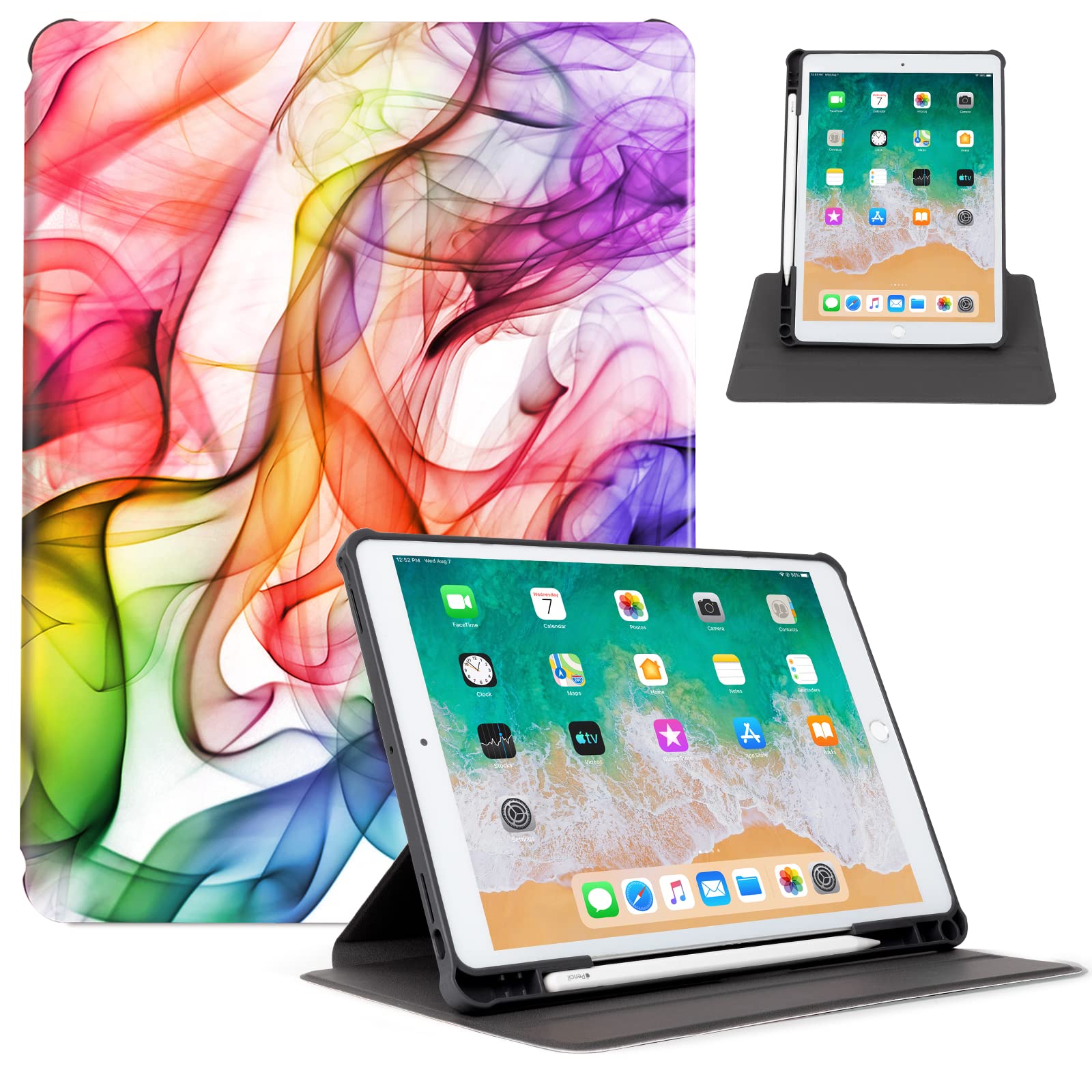 360° Rotating iPad Case for iPad 9th/8th/7th Gen, iPad Air 3 & iPad Pro 10.5 - Multi-Angle Stand with Auto Wake/Sleep & Pencil Holder (Colorful Smoke) - Perfect for Work, Study & Entertainment