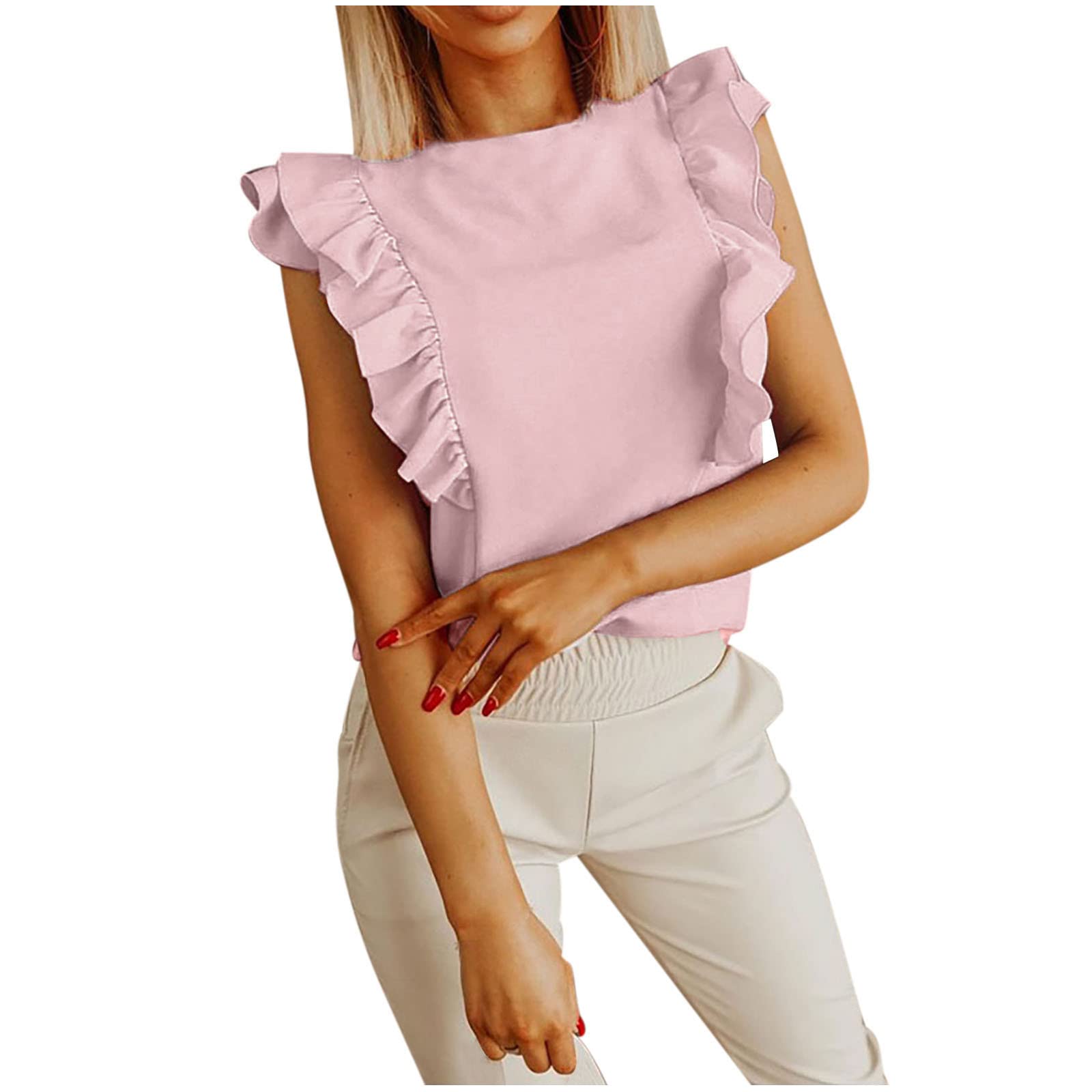 Women's O-Neck Ruffle Tank Top - Basic Solid Color Sleeveless Blouse for Summer | Casual Wear, Beach Outfits & Layering Essentials