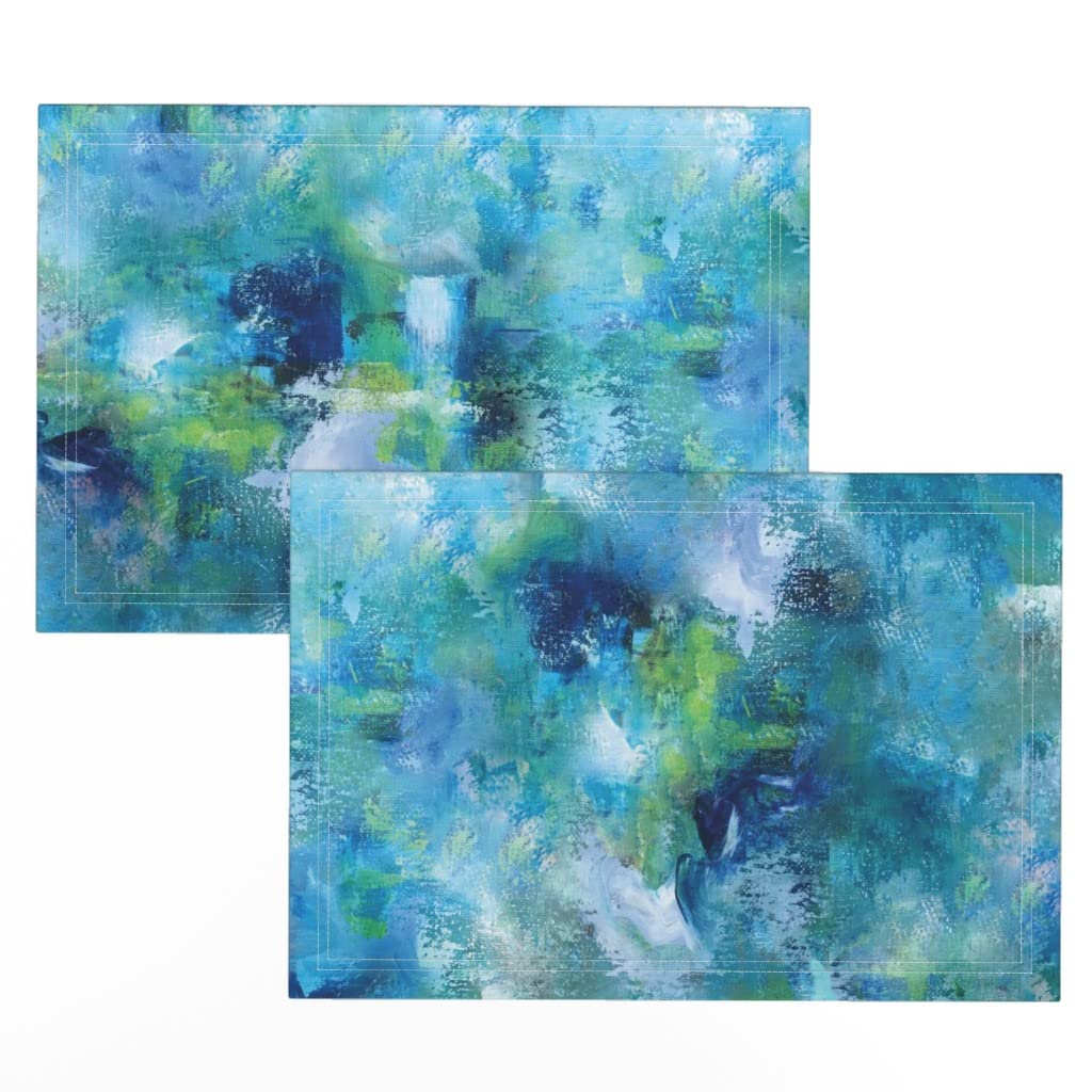 Spoonflower Linen Cotton Canvas Placemats Set of 2 - Blue Abstract Modern Ocean Print Table Mats for Dining, Kitchen Decor & Home Entertaining