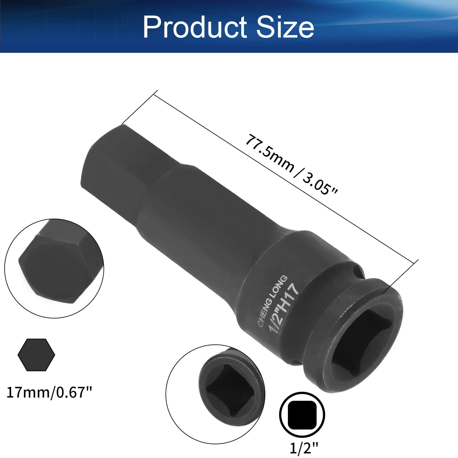 1/2-Inch Drive 17mm Hex Impact Bit Socket - Cr-Mo Steel Allen Bit Socket for Impact Wrench - Perfect for Automotive Repair & Heavy-Duty Construction Work