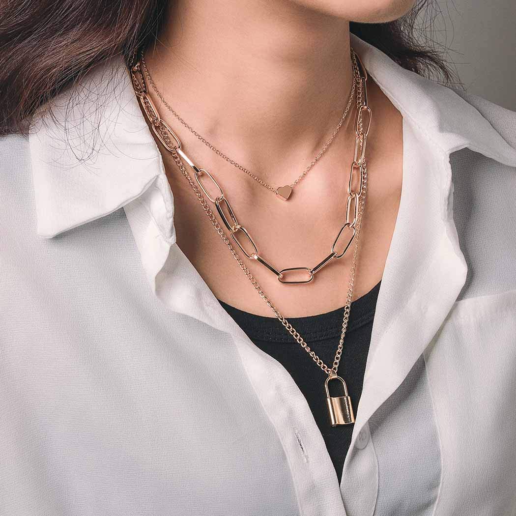 Ursumy Punk Layered Necklace Set - Heart Choker & Dainty Rectangle Chain with Lock Pendant for Women & Girls | Gold Gothic Jewelry for Concerts, Parties & Everyday Fashion