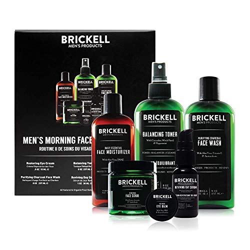 Brickell Men's Morning Face Care Routine II - Purifying Charcoal Face Wash, Alcohol-Free Toner, Exfoliating Scrub, Eye Cream, Day Serum & Daily Moisturizer | Natural Organic Skincare Set for Men | Perfect for Daily Cleansing, Hydration & Anti-Aging