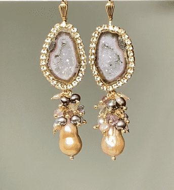 Stylish Grey Tabasco Geode & Baroque Pearl Dangle Earrings | Pink, Plum, Grey | Perfect for Parties, Weddings & Evening Events