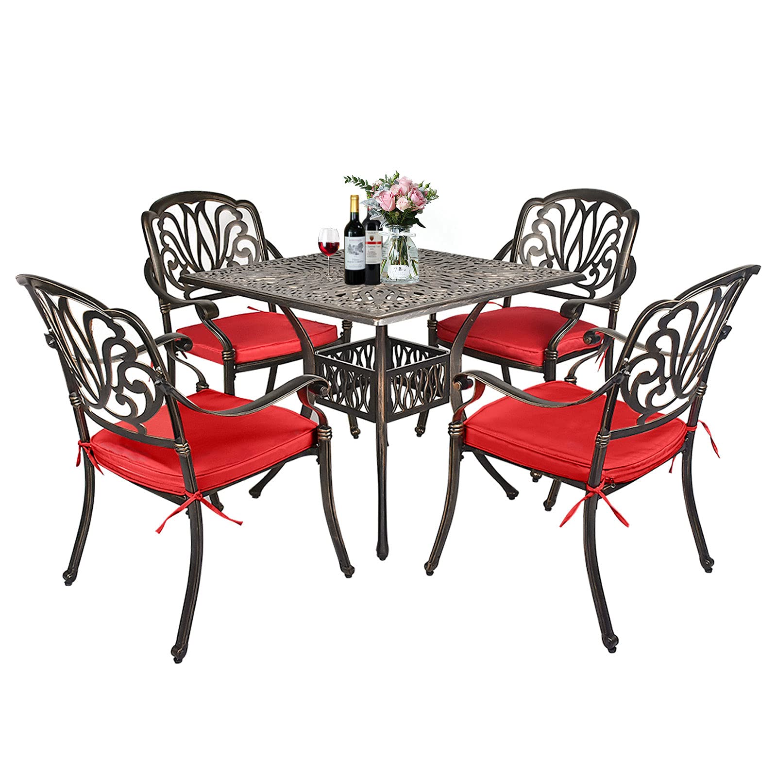 TITIMO 5-Piece Cast Aluminum Outdoor Patio Dining Set with Cushions - 35.4