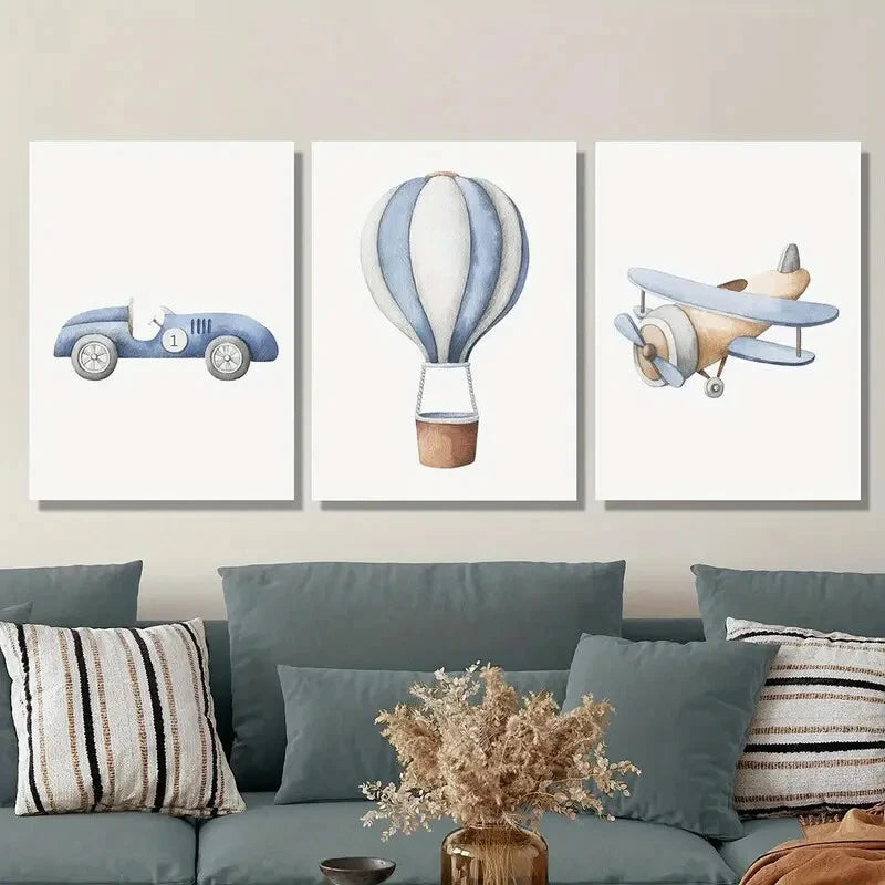 3-Piece Cartoon Vehicles Wall Art Set - Cars & Hot Air Balloons Framed Canvas 40x60cm | High Quality Print | 100% Australian Made | Ready to Hang | Perfect for Kids' Room & Nursery Decor