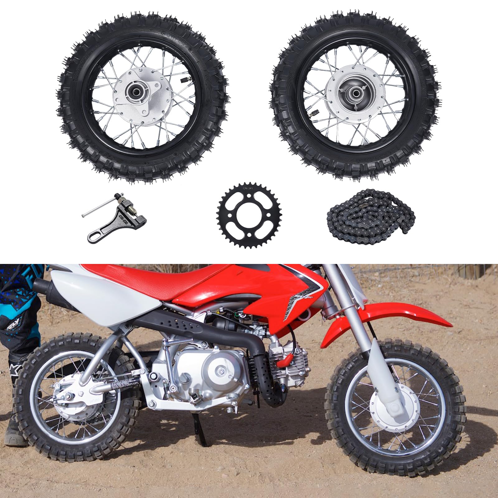 2.5-10 Front & Rear Wheel Set with Drum Brake - Compatible with Honda CRF50, XR50, BBR, KLX & Dirt Bikes - Complete Tire Rim Assembly for Pit Bikes & Mini Motocross - Perfect for Off-Road Racing, Trail Riding & Youth Motocross