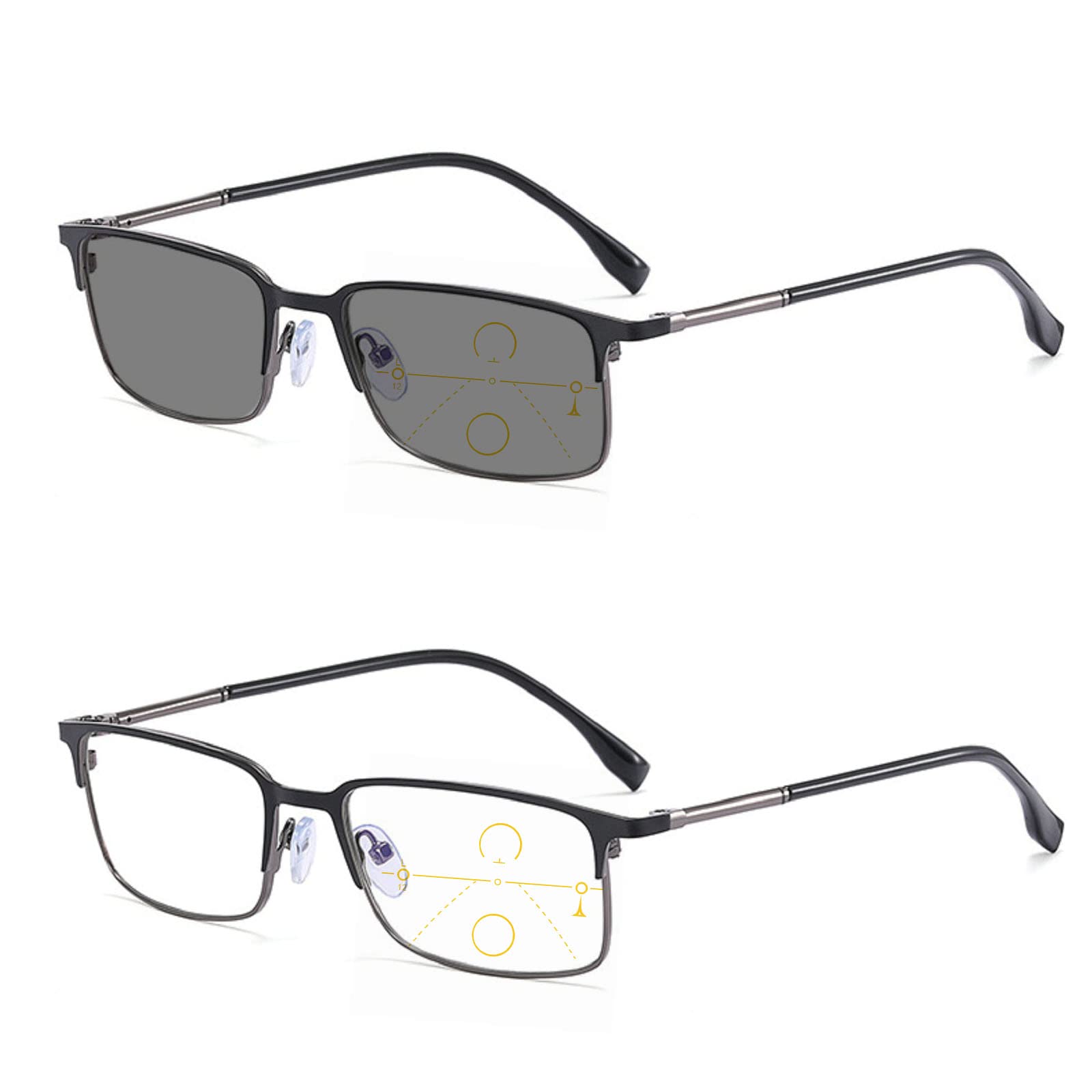 Men's Photochromic Progressive Reading Glasses - Multifocus Square Metal Frame with UV Protection for Computer, Reading & Outdoor Use - Perfect for Work, Driving & Daily Activities