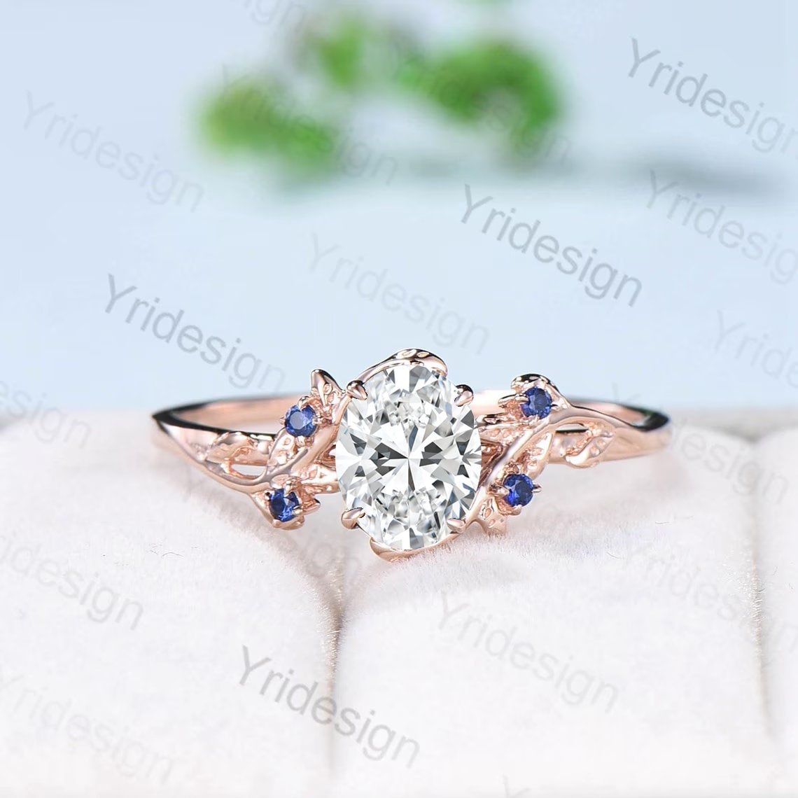 IGI Certified Lab Grown Diamond Engagement Ring - Nature Inspired Oval Cut with Blue Sapphire Accents, Handmade Leaf Design Wedding Ring for Brides, Anniversary & Proposal Gifts | Perfect for Eco-Conscious Couples & Outdoor Weddings