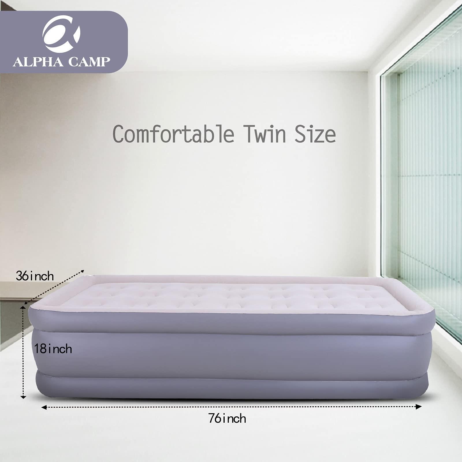 **ALPHA CAMP 18-Inch Twin Air Mattress with Built-in Pump - Double High Inflatable Airbed for Camping, Travel & Guests - Flocked Top, Storage Bag & Repair Patch Kit Included - Perfect for Home, Outdoor & Emergency Use**
