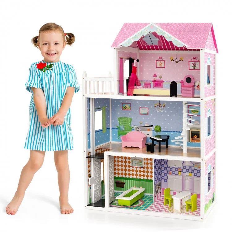 Pink Wooden Dollhouse with Functional Elevator & Rotating Staircase - Perfect for Kids' Pretend Play & Room Decor