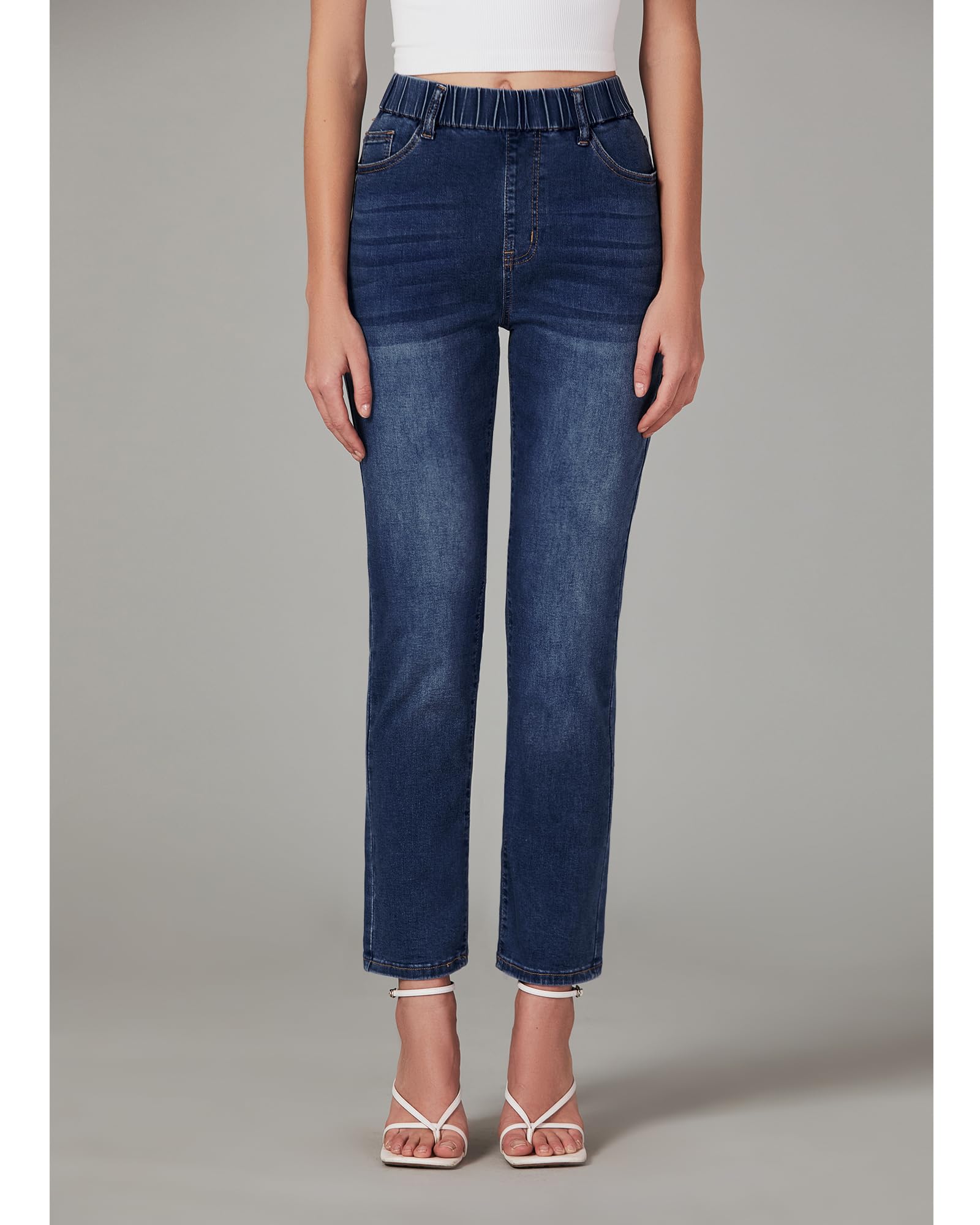 GRAPENT Women's Straight Leg Jeans - High Waisted Pull On Stretchy Denim Pants with Elastic Waist | Trendy Cropped Ankle Length | Perfect for Casual Wear, Office Outfits & Weekend Errands
